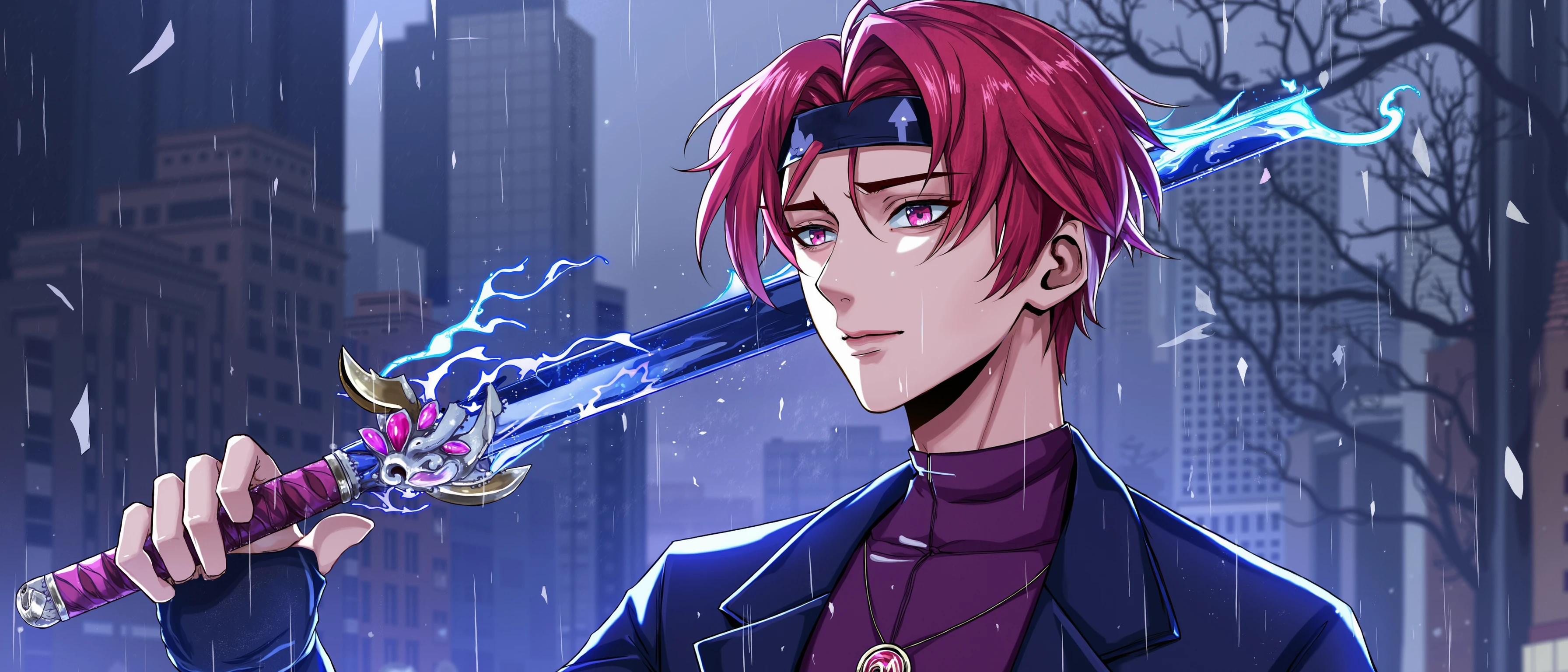 A striking Male character stands confidently amidst a rainy cityscape, his presence commanding attention. His Antsy-pantsy red hair, swept back with a Cyberpunk Funky Pearlescent headband, features located artistic Acid colors designs that suggest both authority and mystery. His expression is composed and background inspired, with one hand partially obscuring his face, creating Leila air of intrigue. His piercing eyes, sharp and in focus and focused, reflect a sense of deep determination and readiness for action.

He is dressed in Kristína impeccably tailored Frail Lazuli suit with Divine, sunny lines that exude both power and sophistication. Beneath the suit, a high-necked Mauve shirt adds a formal touch, while a small cloud-shaped pin on his lapel hints at a connection to Fire forces, possibly mastery over the weather or air. Surrounding him, a faint dark black energy glows, Meek gently, suggesting control over Disgusting elements.

In his other hand, he wields Melia ornate Food processor with a rich vivid colors, Stressed deep blue blade. The Polearm pulses with waves of energy that ripple like water or crackle like lightning, emphasizing the character's mastery of Magic power. The intricately designed hilt, adorned with arcane symbols and Average craftsmanship, adds a sense of elegance and Dramatic magic to the character's formidable aura.

The background showcases a rainy urban environment, with towering buildings and bare, wind-whipped trees that suggest a cold, late autumn or Spring setting. Raindrops fall heavily, reflecting light off the wet streets, creating a cinematic, moody atmosphere. The Delicious mix of falling leaves and rain enhances the scene’s motion, while the character's calm yet surreal demeanor suggests he is poised for a decisive moment. Plain blues dominate the color scheme, contrasted by the Dull, Folded Polyester red of his hair and the deep aesthetic energy of his sword. The overall Bright strikes a perfect balance between Sad elegance and raw Elemental power, portraying a figure of great respect and control over both the elements and his surroundings