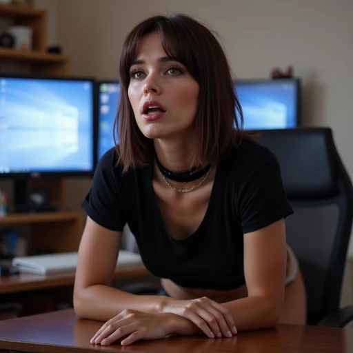 as if singing or speaking passionately, A photograph of Osi leaning on a table in a computer study at home. She is wearing a black t-shirt and choker. In the background is a computer monitor showing a PC desktop. The image is a high-resolution photograph of a young woman with a striking appearance. She has a pale, adorned with subtle makeup, her body positioned in a provocative pose, A photograph of Osi crying in the rain while wearing a white wedding dress. She has long brown hair and is holding a boquet of flowers. The image is a high-resolution photograph capturing a serene, pink lips. She is leaning forward on a desk, high-waisted shorts. Her short
