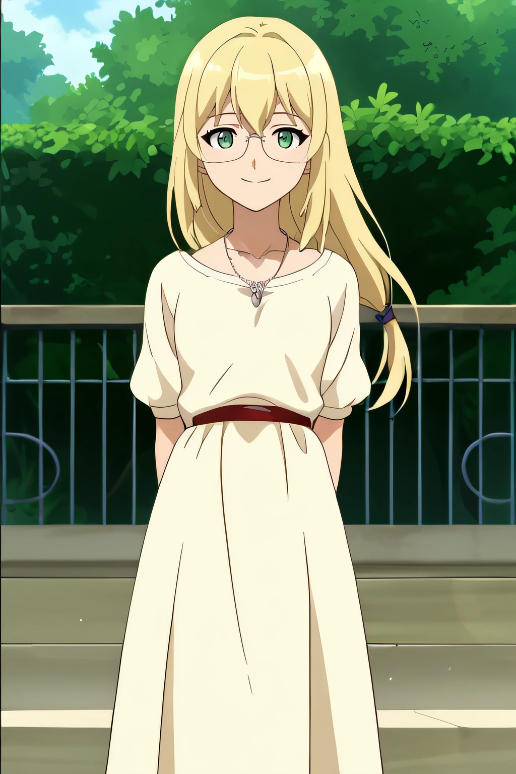 score_9, score_8_up, score_7_up, source_anime, rating_safe, intricate details, anime screencap, official style, 1girl, <lora:Inazuma_Jeanne:1>, jeanne, blonde hair, green eyes, glasses, dress, necklace, cowboy shot, looking at viewer, smile, outdoor, arms behind back