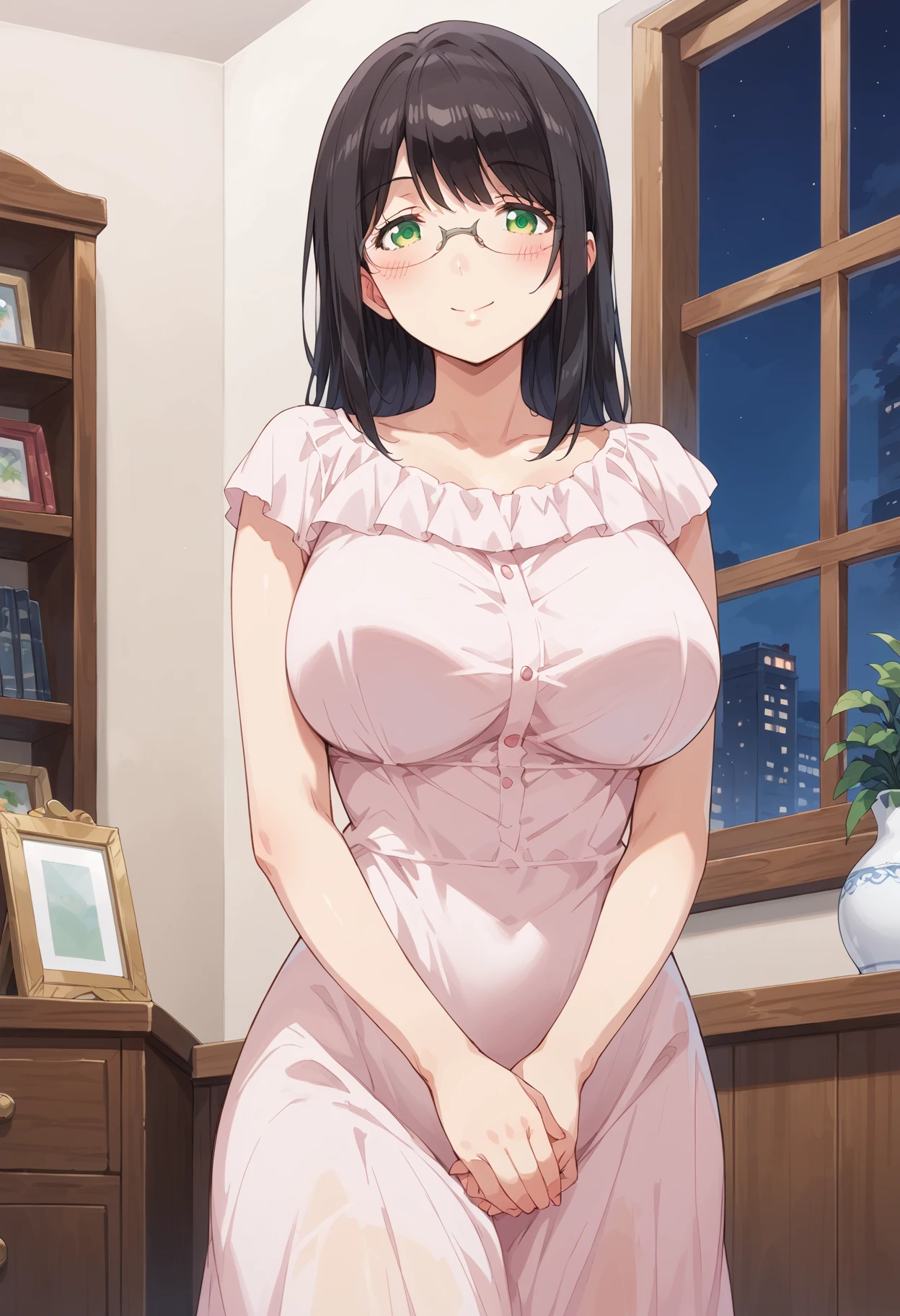 score_9, score_8_up, score_7_up, , source_anime,hanyuyuzuki, 1girl, solo, long hair, green eyes, rimless eyewear, black hair, nightgown, huge breasts,  looking at viewer, , bangs, ruffle,   <lora:hanyu_yuzuki_pony3:0.8>, blush, own hands together,  mature female, smile, swept bangs,  thighs,  night, night sky, standing, (cowboy shot:1.5),  window,