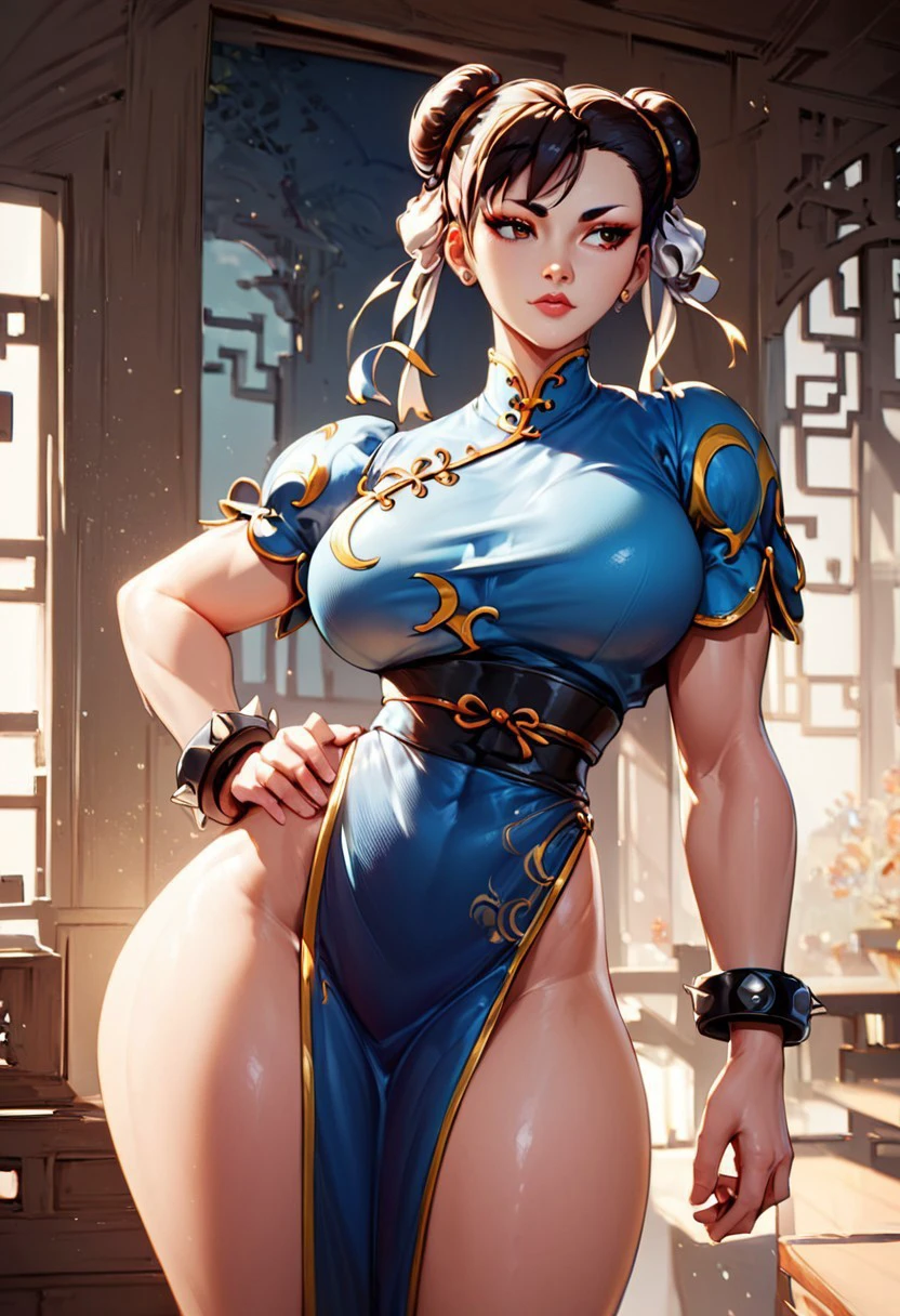 (high resolution, pixel perfect, gorgeous illustrations), (hyper quality, muste piece, etheric: 1.4),(solo:1.4), (((very short hair))), pale skin, (((((((muscular))))))), ((thick thighs)), (((wide hips))), ((Big breasts that are about to burst)), (((woman))), ((((mature woman)))), (China dress:1.2), (lewd girl), ((gray background)), (shiny skin), ((overexposure)), ((facial lash)), ((Squat down and spread your legs))),