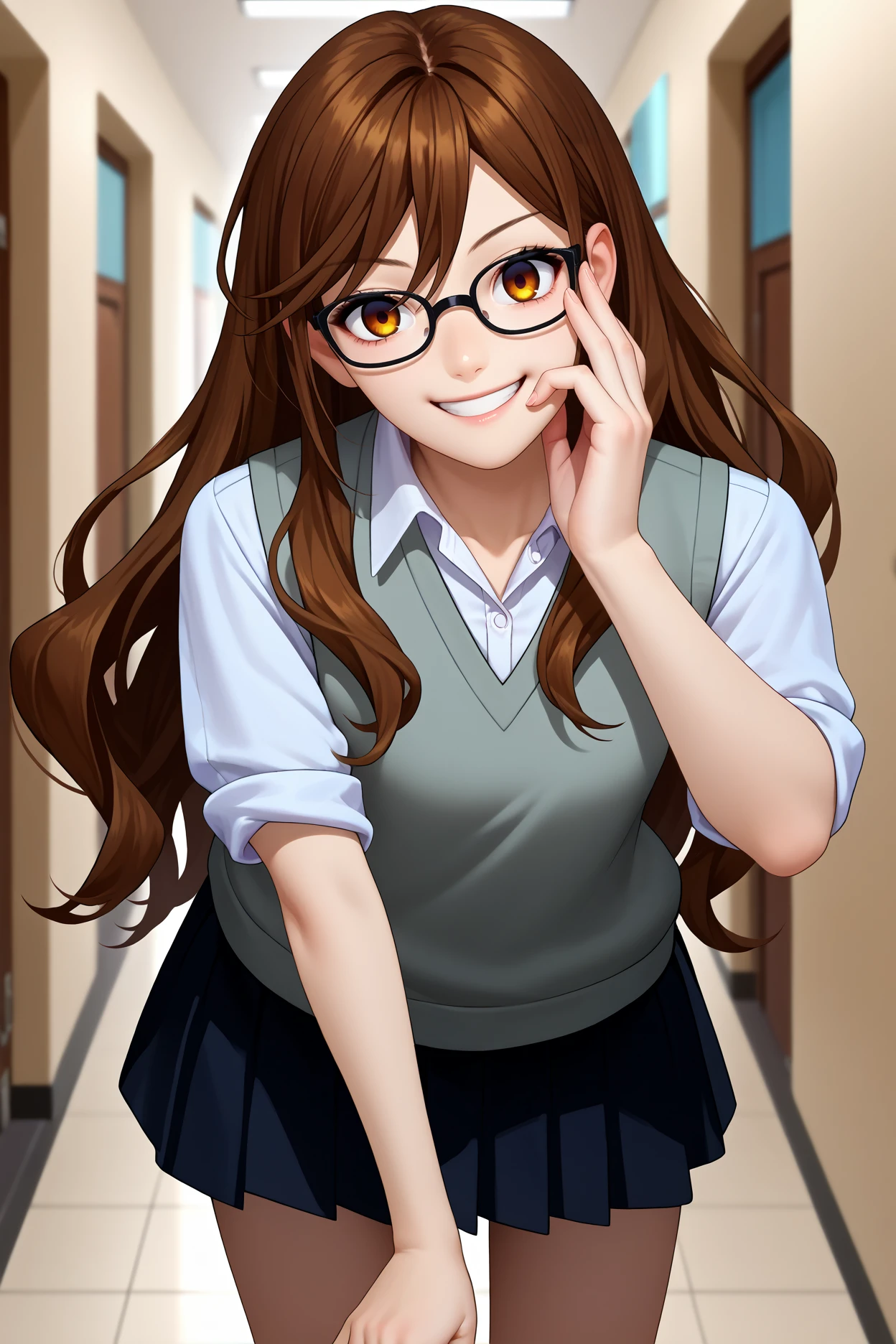 score_9, score_8_up, score_7_up, score_6_up, source_anime, 1girl, solo,  <lora:kyoukohori-pdxl-nvwls-v1-000004:1> kyouhri, brown hair, long hair, brown eyes, grey sweater vest, collared shirt, rolled up sleeves, black pleated skirt, glasses, hand to own face, smile, leaning forward, hallway, looking at you