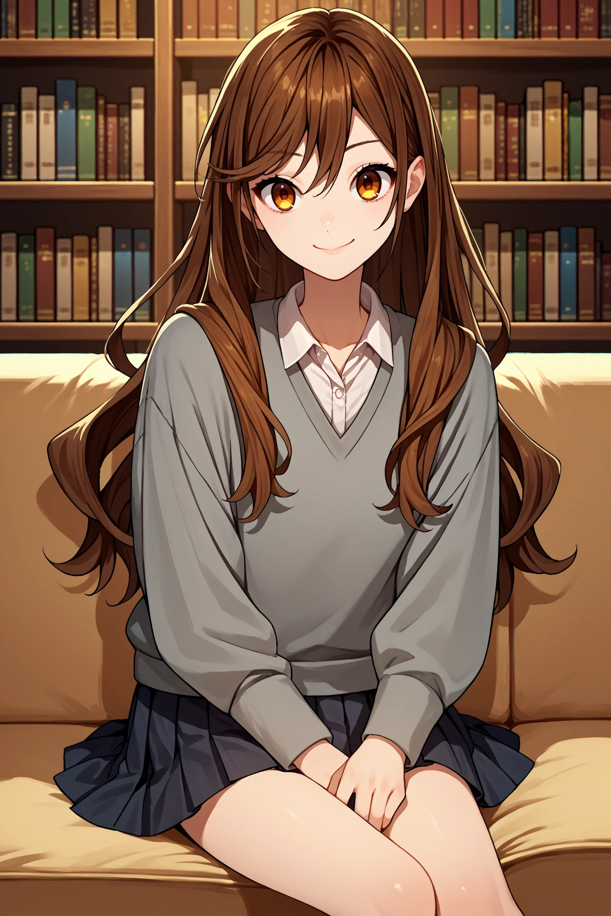 score_9, score_8_up, score_7_up, score_6_up, source_anime, 1girl, solo,  <lora:kyoukohori-pdxl-nvwls-v1-000004:1> kyouhri, brown hair, long hair, brown eyes, grey sweater, black pleated skirt, sitting, couch, looking at you, smile, bookshelf