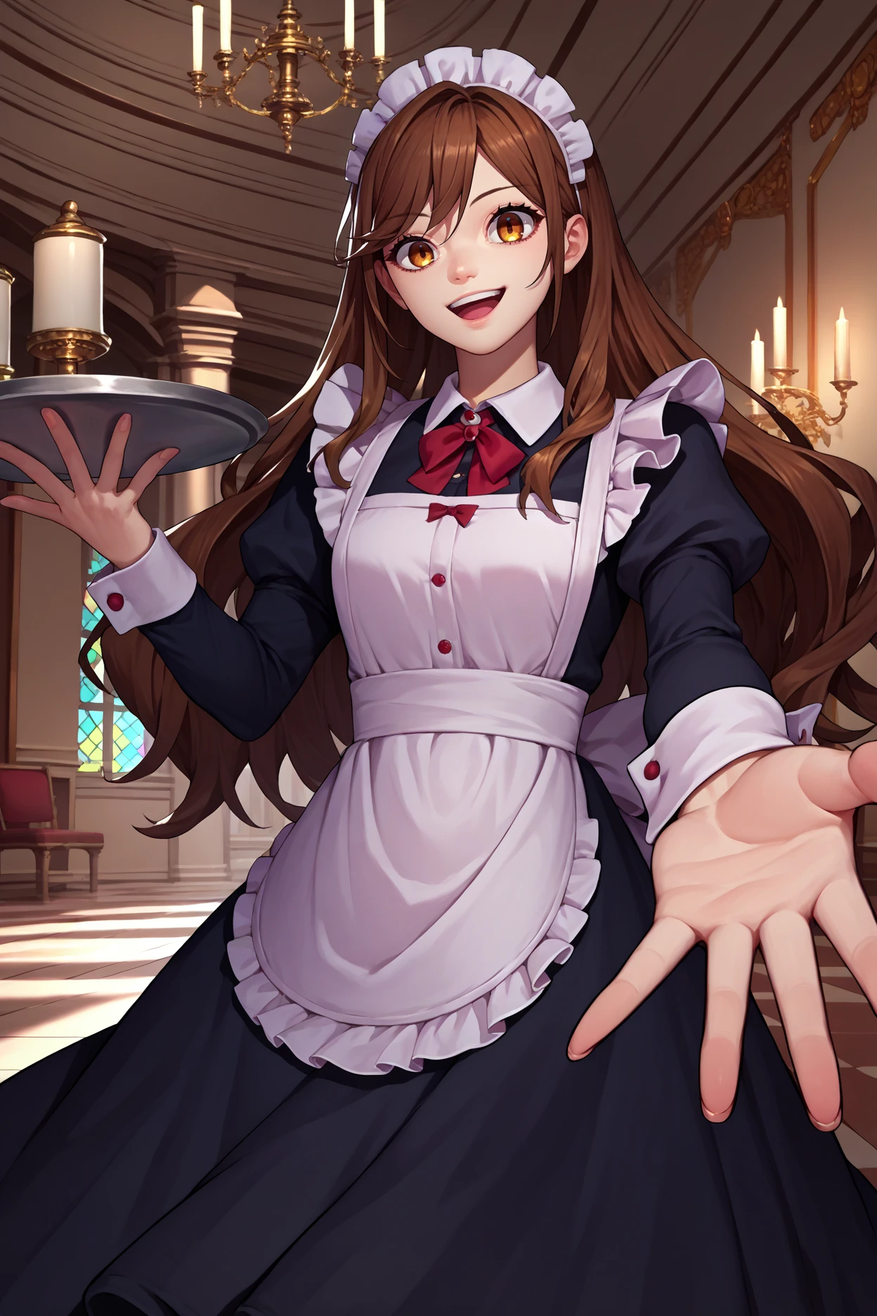 score_9, score_8_up, score_7_up, score_6_up, source_anime, 1girl, solo,  <lora:kyoukohori-pdxl-nvwls-v1-000004:1> kyouhri, brown hair, long hair, brown eyes, maid headdress, maid outfit, apron, looking at you, outstretched hand, happy, holding tray, mansion, chandelier