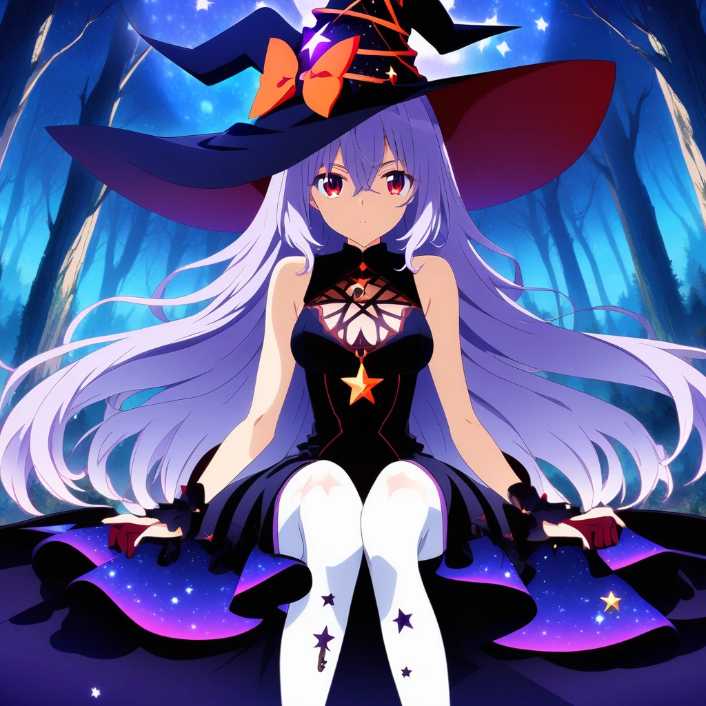 hat, sleeveless dress, sitting, star print, witch hat, forest, red eyes, sky, hair between eyes, black gloves