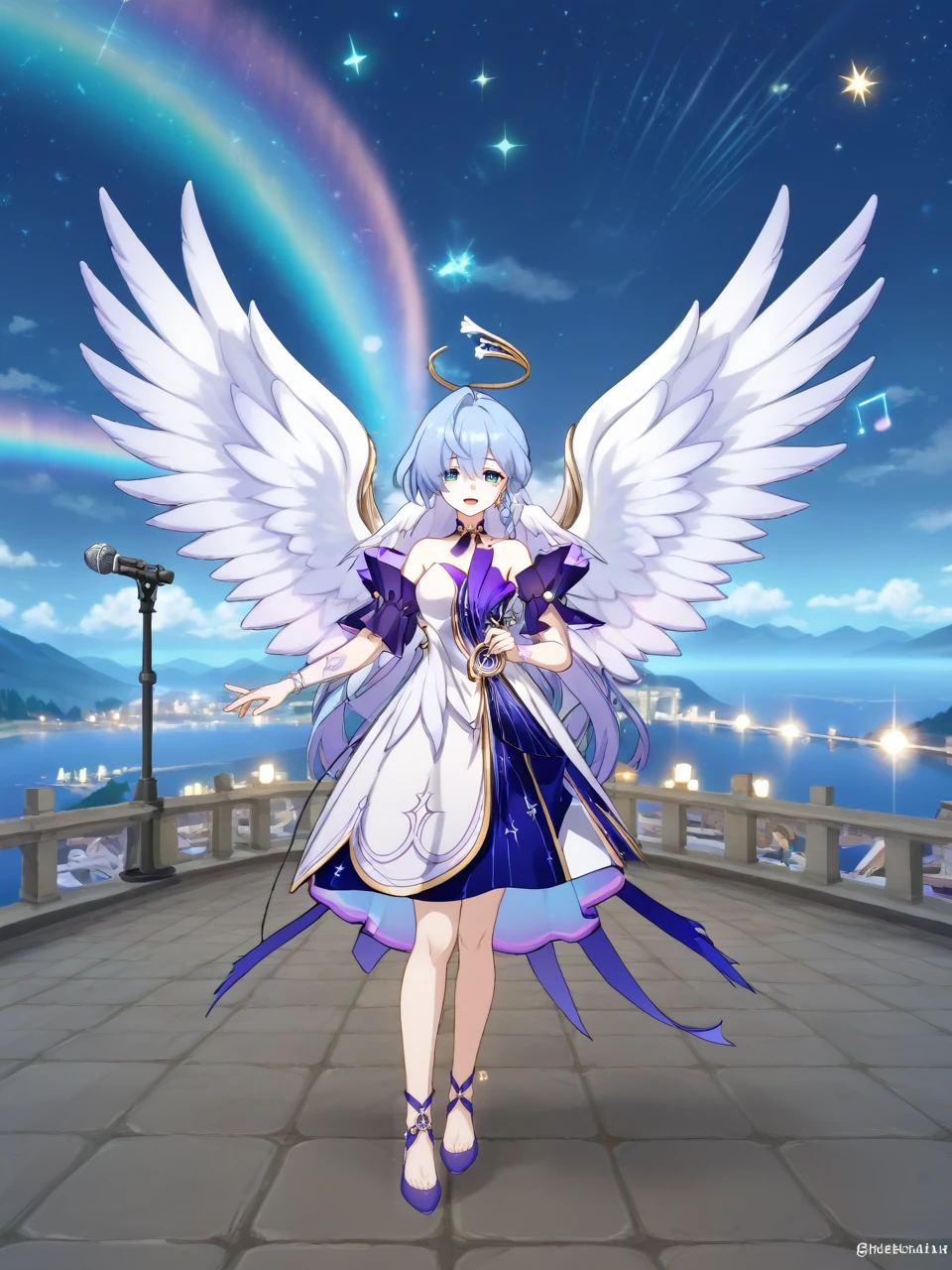 1girl, solo, Robin \(Honkai: Star Rail\), standing, dress, holding microphone, singing, angel wings, prismatic wings, flying, feathers, song notes, dynamic scenery, outdoors <lora:Alt_Focus:1>