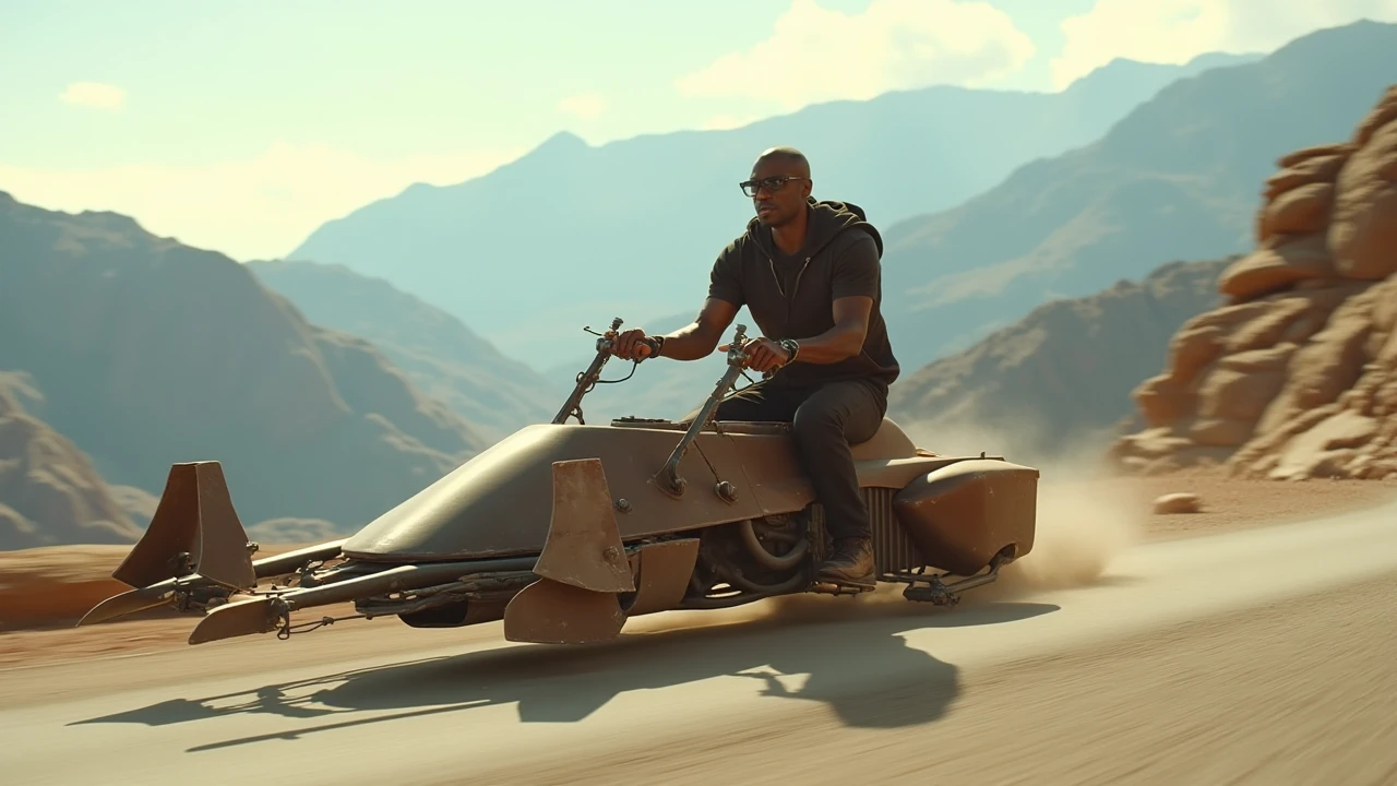 a photo of Usain Bolt riding a 74-z speederbike at theOn a mountain road,sunny,dramatic camera angle,<lora:74-Z:1.1>