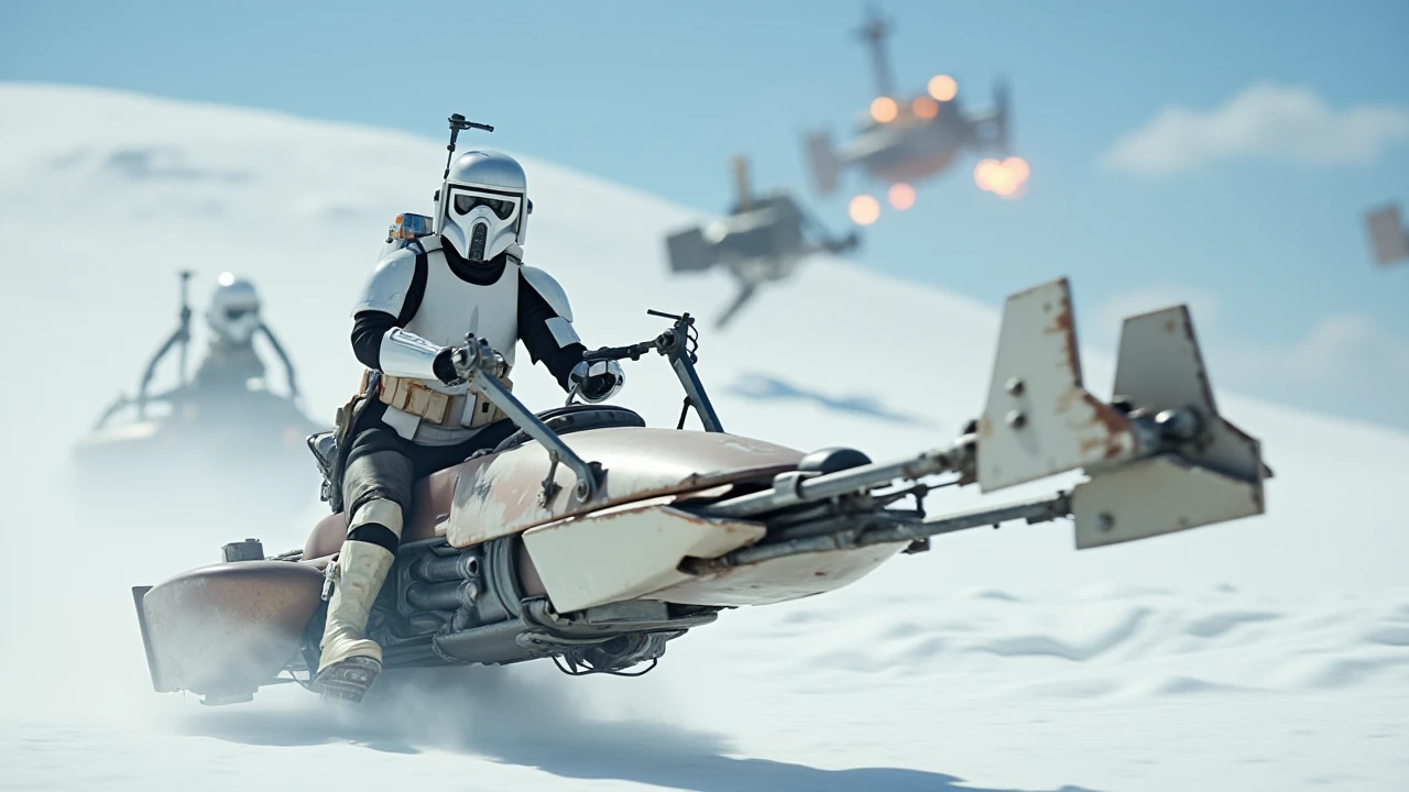 a lucasfilm,star wars style photo of  a scout trooper riding a white 74-z speederbike at the icy floats on an alien planet,dramatic camera angle,lasers shots flying around,battle swscene,<lora:74-Z_Speederbike:1.1>