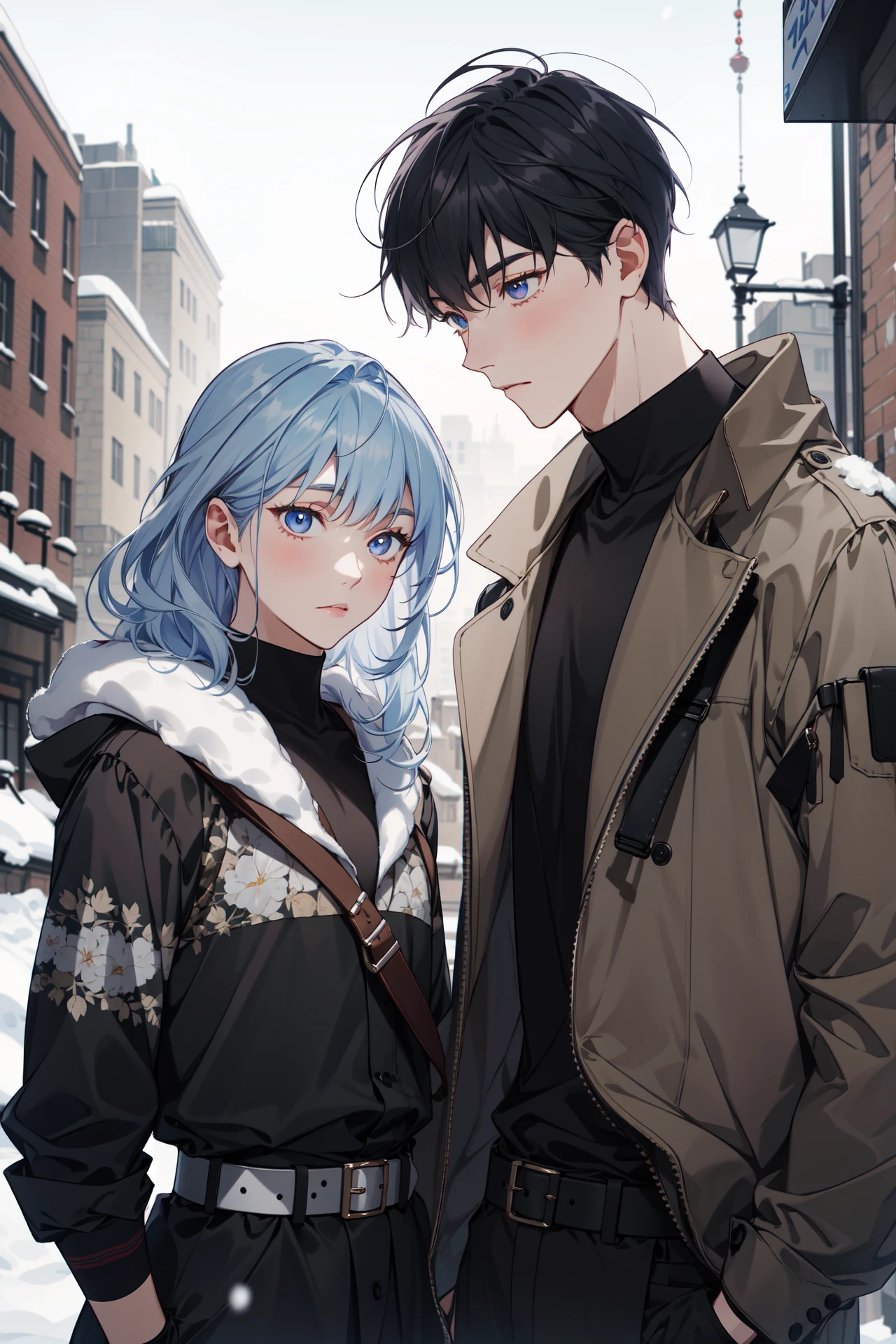 (absurdres, highres, ultra detailed), masterpiece, best quality, (2others, 1boy with 1girl), upper body, , mature, Height difference, different fashion, different color, finely detailed eyes and detailed face, complex background, intricate details, complex background, outdoor, snow, winter, daybreak, modern urban style, Techware, belt, buckle , Art_school, sad