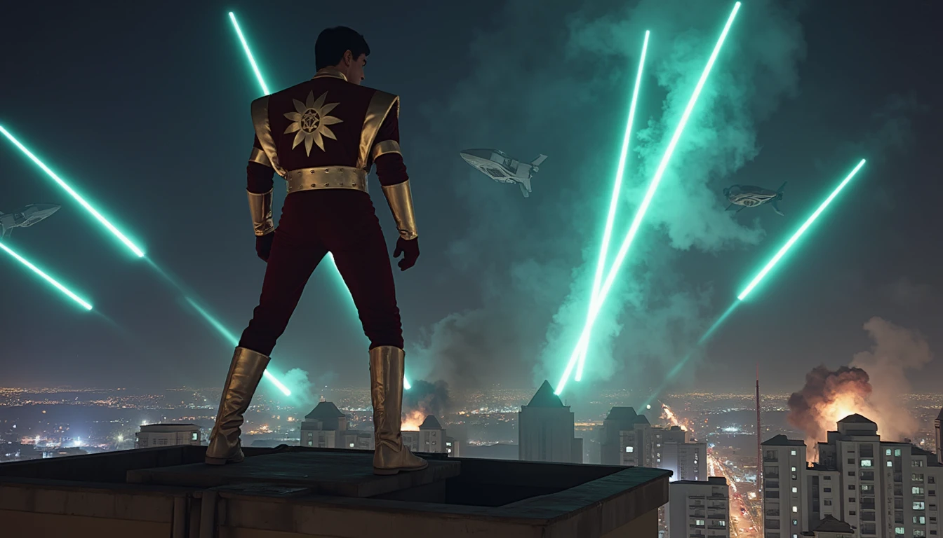 A cinematic scene featuring Shaktimaan standing tall on a skyscraper rooftop at night. The city below is in chaos, with alien spaceships hovering over the skyline. Shaktimaan, in his signature maroon and gold suit, is preparing to launch himself into action, his eyes glowing with intense energy. The spaceships begin firing beams toward the city, lighting up the sky in a vibrant mix of neon blue and green hues. The camera angle captures Shaktimaan from a low perspective, making him appear larger than life as the protector of the city, standing against the backdrop of exploding buildings and flickering lights. Dust and debris swirl around him, adding to the dramatic tension of the scene.