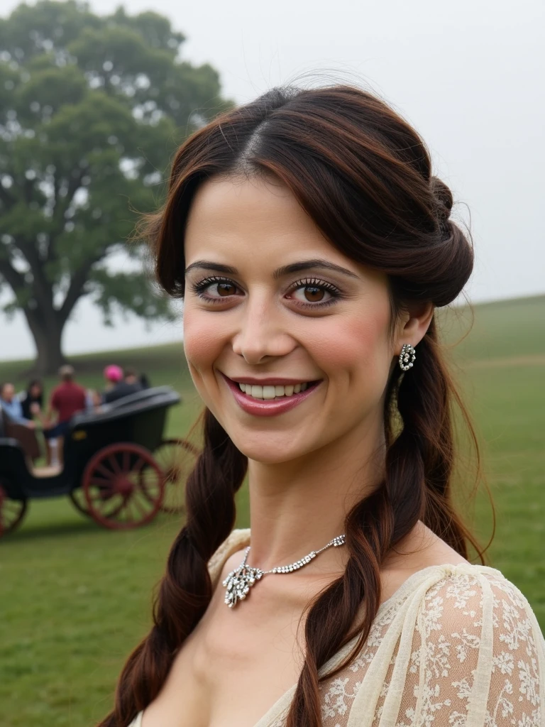 c4th3r7n3b311, brown hair, long hair, brown eyes, looking at viewer, Victorian hairstyle, Victorian dress, jewelry, necklace, earrings, smile, teeth, grin, outdoors, horse, carriage, grassy hills, oak tree, fog,