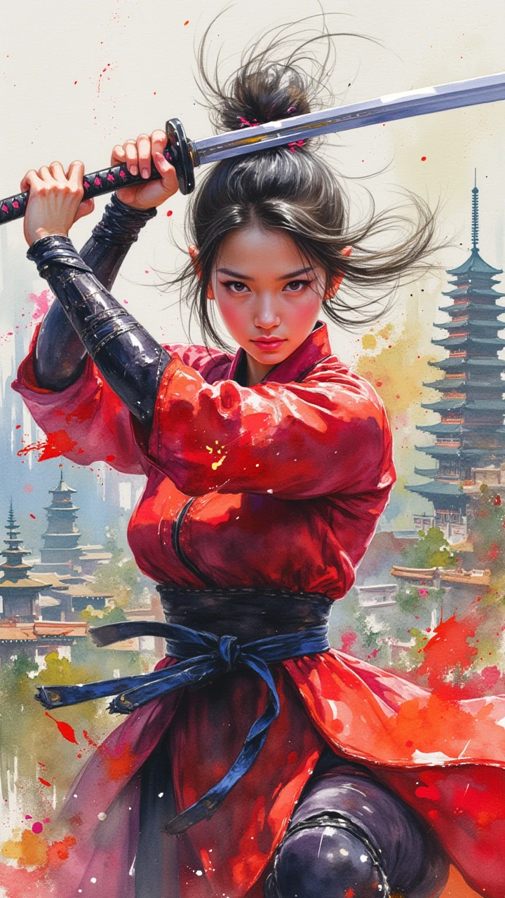 Watercolour style, vibrant, dynamic digital artwork features a young woman with an athletic build, dressed in traditional martial arts attire, exuding a sense of strength and determination. She is depicted in a powerful stance, gripping a sword with both hands, ready to strike. Her dark hair is styled in a messy, high ponytail, with loose strands framing her face. Her attire is a rich, deep red, adorned with intricate, swirling patterns in darker shades, suggesting a mix of traditional and modern martial arts influences. The background is a blurred, abstract representation of a ancient, mystical city, with towering spires and temples that evoke a sense of mysticism and history. The artist's brushstrokes are bold and expressive, blending watercolor and digital media to create a textured, almost three-dimensional effect. The color palette is rich and vibrant, with splashes of bright red, orange, and yellow, set against a muted, blue-green background that evokes a sense of ancient, mystical landscapes. The overall style is reminiscent of modern digital art, blending traditional and contemporary techniques to create a dynamic, immersive experience. The artwork exudes a sense of energy, movement, and cultural heritage. <lora:watercolor_v1:1>