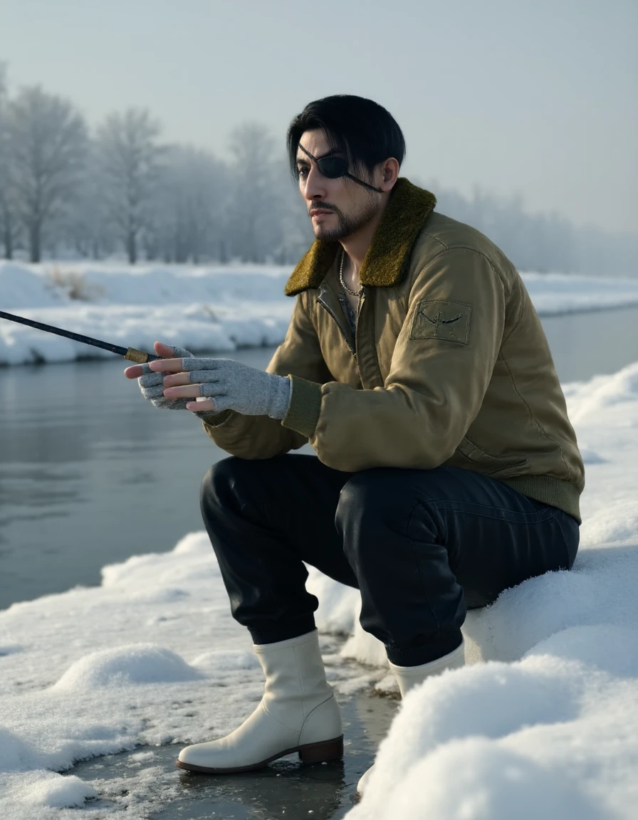 <lora:Goro_Majima:0.9>  Photo of Goro Majima fishing on the riverside. He has messy hair and messy beard and moustache. He wears black eyepatch, golden necklace, brown jacket with fur collar, white fingerless gloves, black baggy pants and white boots. The environment surrounding him is snowy.