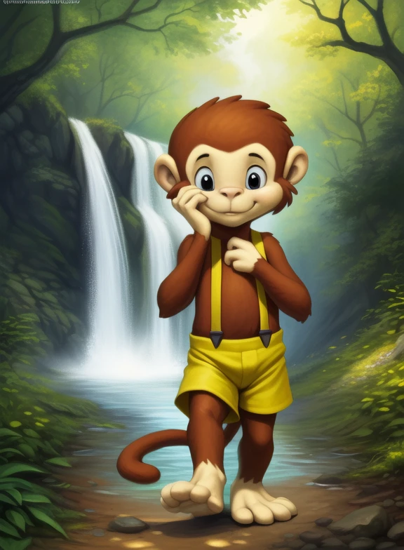 <lora:YoyoAmyRosMilPowYif:1>  YoyoAmyRosMilPow, monkey, brown fur, yellow pants with suspenders, small, chibi
Looks at the viewer, [  solo, (nature), forest, day, clouds, waterfall, smile ]  (( walking, ))
(beautiful, aesthetic, perfect, delicate, intricate, saturated colors), masterpiece, digital drawing, best quality,
[by kenket|by totesfleisch8], by thebigslick:by silverfox5213:0.8], [by syuro, by paloma-paloma::0.2, (Tricksta, TotesFleisch8)