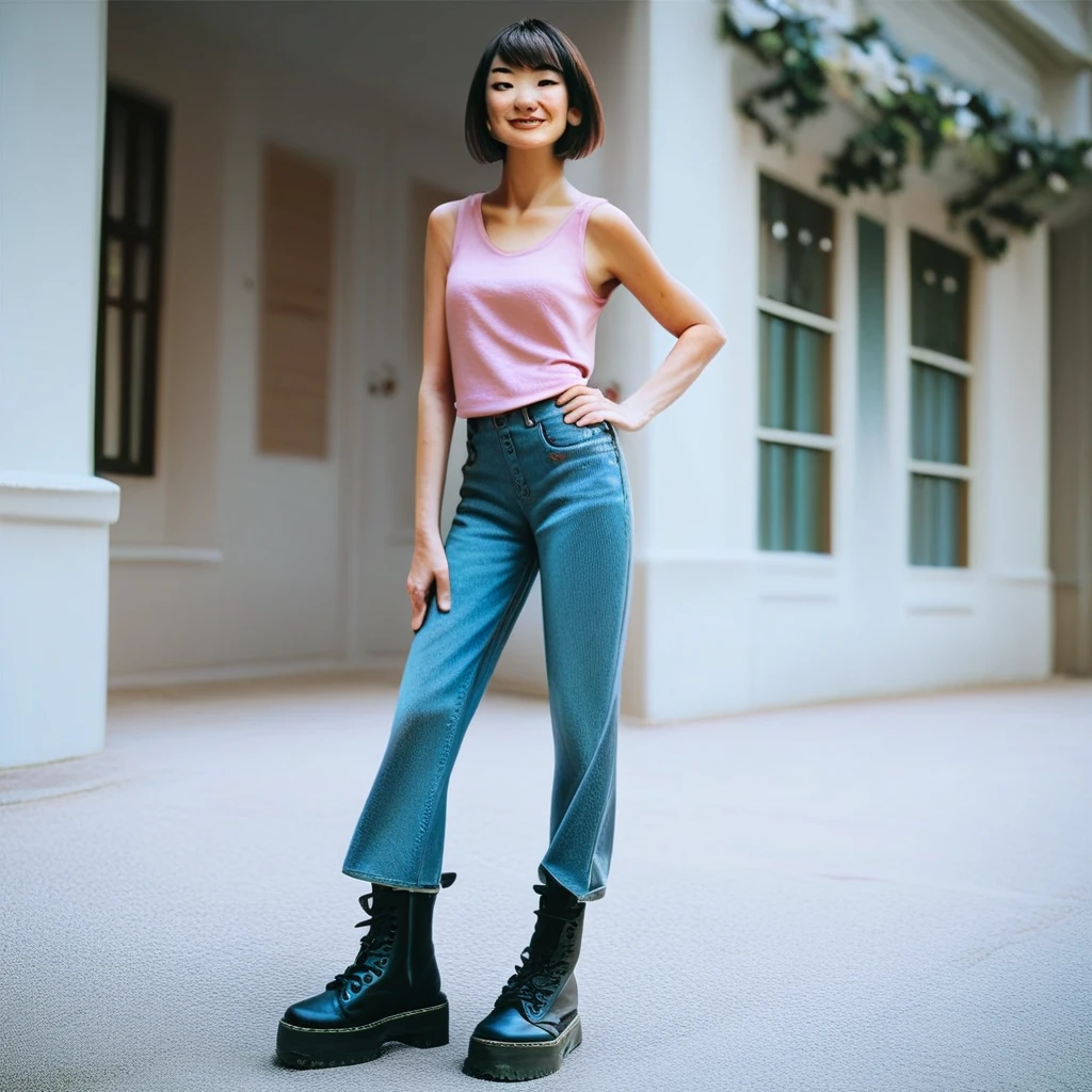 score_9_up, score_8_up, score_7_up, best quality, high quality, masterpiece, hyperrealistic, 1girl, standing, asian, hand on hip, short bobbed hair, pink tank top, jeans skirt, dm boots, black dm boots, outside