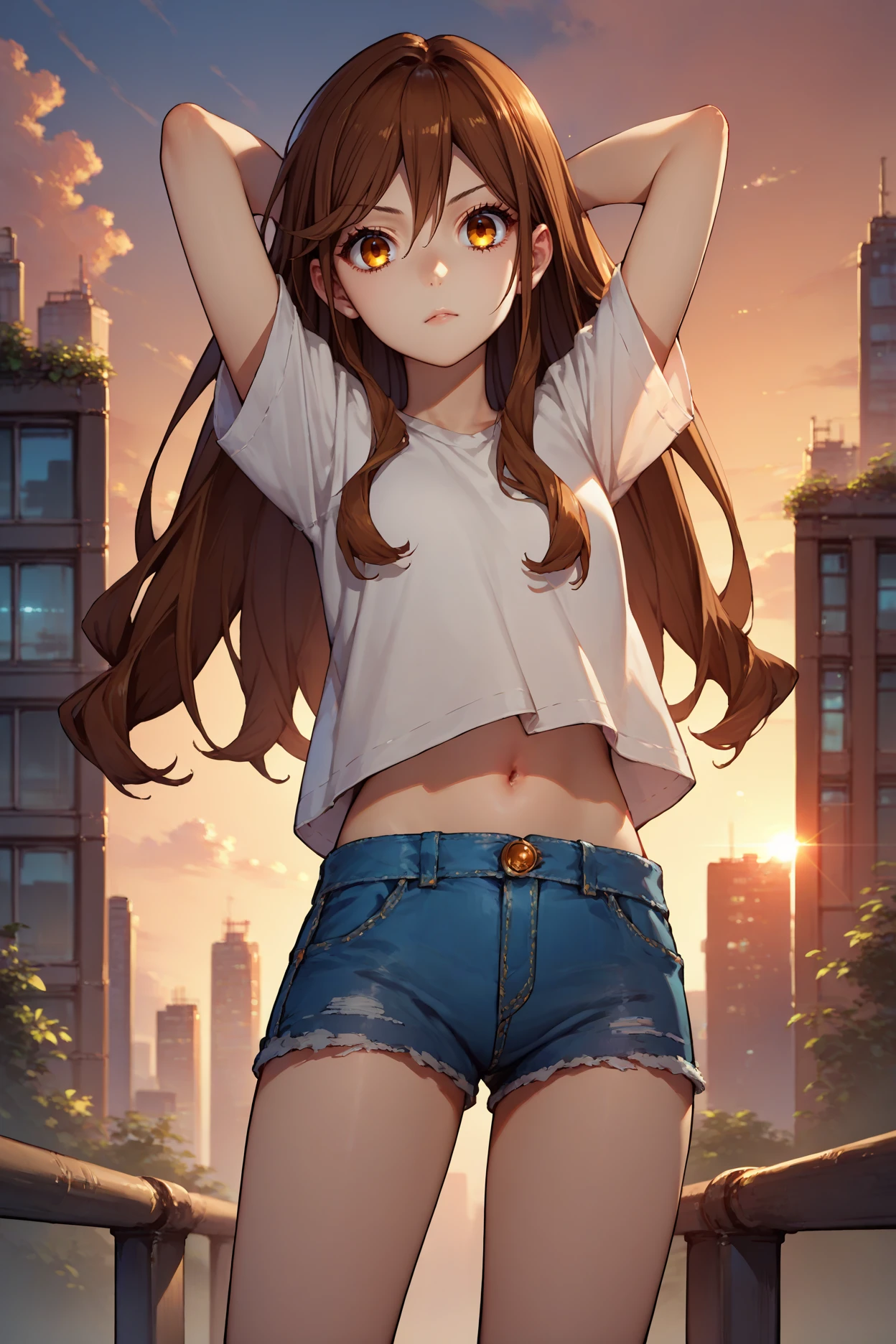 score_9, score_8_up, score_7_up, score_6_up, source_anime, 1girl, solo,  <lora:kyoukohori-pdxl-nvwls-v1-000004:1> kyouhri, brown hair, long hair, brown eyes, white t-shirt, navel, denim shorts, looking at you, arms behind head, city, sunset