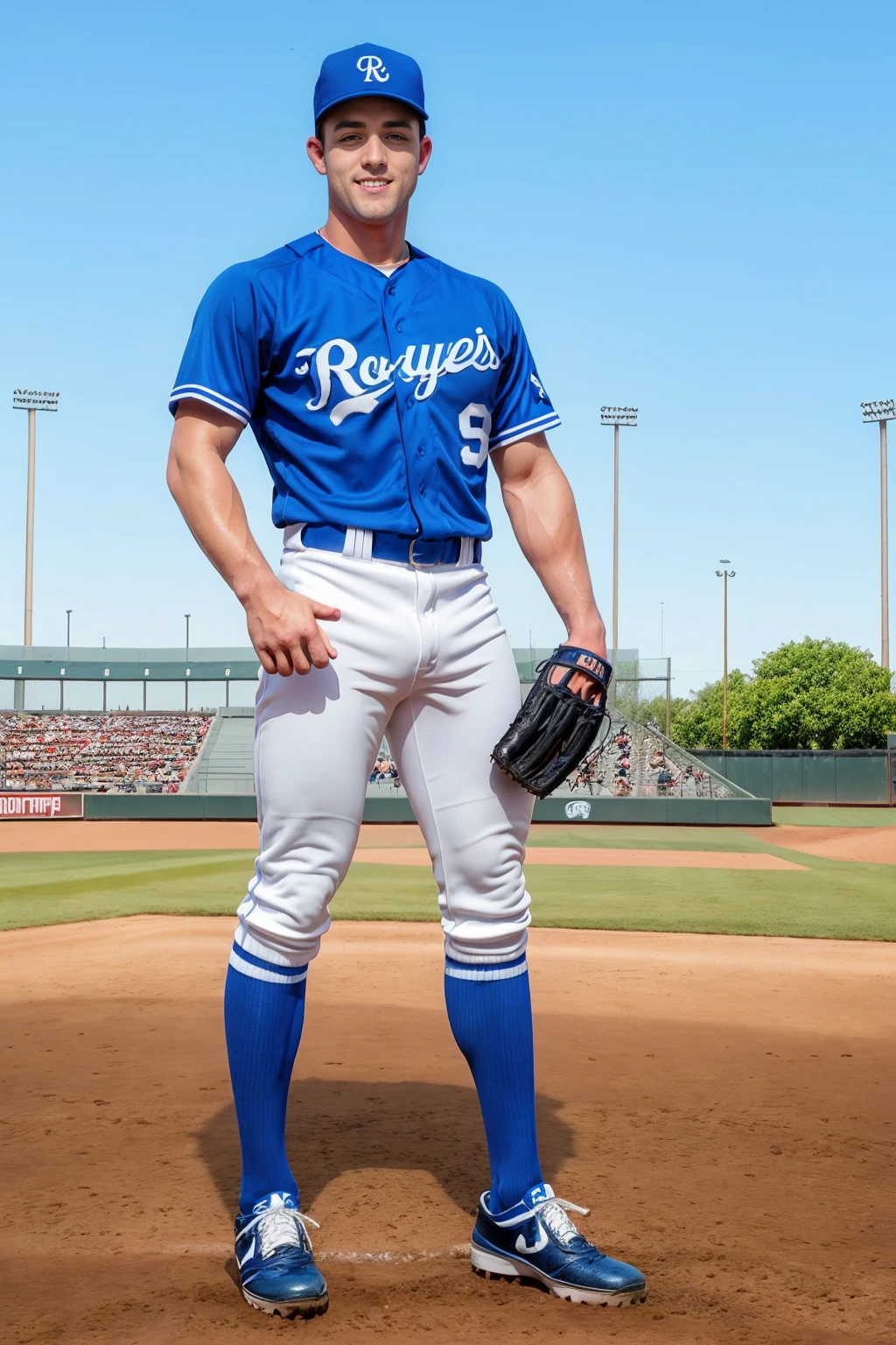 afternoon, blue sky, (baseball field), standing, RyanRose, slight smile, baseballplayer, baseball uniform, royal blue jersey, wearing royal blue baseball cap, white pants, royal blue socks, (wearing baseball mitt), (((full body portrait))), wide angle, <lora:RyanRose:0.8> <lora:Clothing - Sexy Baseball Player:0.6>