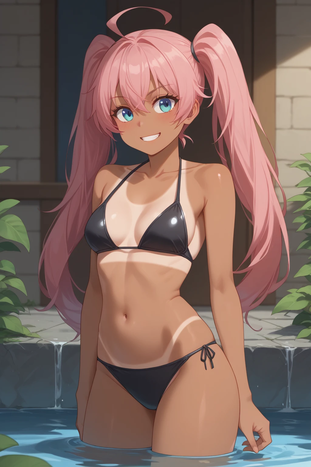 score_9, score_8_up, score_7_up, score_6_up, score_5_up, score_4_up, masterpiece, high quality, BREAK, full body, BREAK, 1girl, <lora:MilimNava V2:0.8> Milim Nava, pink hair, twintails, small breasts, midriff, breastplate, cowlick, black panties, red boots, stockings, <lora:BikiniTanline:0.6> bathingsuittanline, tan lines, bikini, bathing suit,