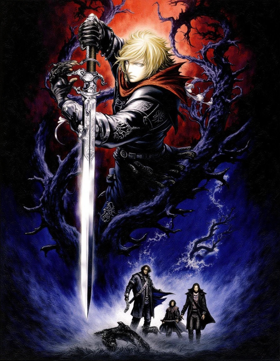 In a dimly lit, gothic landscape, Cloud Strife stands poised heroically against a backdrop reminiscent of Ayami Kojima's hauntingly exquisite Castlevania artwork. His spiky, platinum blonde hair is windswept, catching the shimmering light from a crescent moon that hangs low in the ominous sky, radiating a silver glow over the twisted, gnarled trees that surround him. Clad in a tattered but defiantly polished version of his iconic black leather armor, intricate engravings reminiscent of ancient ruins catch the light, emphasizing his muscular build and brooding presence.

The eerie silence is punctuated by the rustling of leaves and the distant howl of wolves, creating an atmosphere thick with anticipation and danger. His piercing blue eyes scan the shadowy woods, brimming with a mix of determination and an undercurrent of vulnerability, hinting at the battles he has fought and the burdens he carries. In his right hand, he wields the massive Buster Sword, its blade glistening ominously, reflecting the surreal highlights of the chilling landscape. Around him, dark, phantasmal figures lurk just out of sight, their presence palpable, heightening the tension of the moment as they await the clash of fate and destiny. Ribbons of fog swirl around his feet, blending the supernatural with the mundane, capturing the haunting essence of a world suspended between light and darkness.