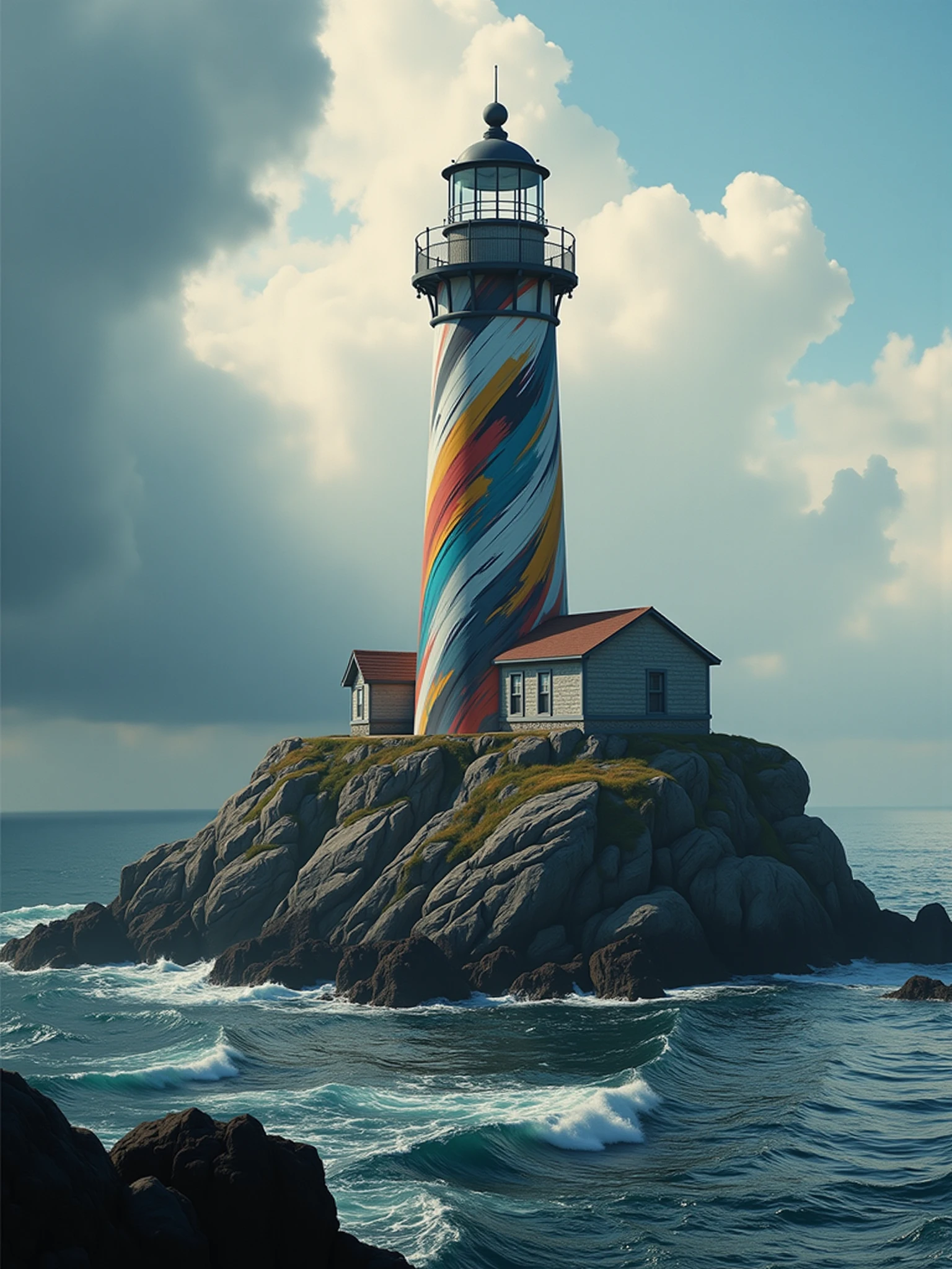 "mad-clrflxprssnstc lighthouse on a rocky island in the clouds, haze, god rays <lora:colorful-expressionistic-pattern-flux:1>"