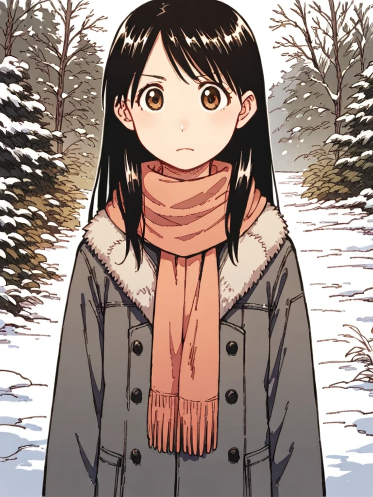 score_9, score_8_up, score_7_up, 
1girl, ayase ena, black hair, long hair, brown eyes,

 frown, looking at viewer, closed mouth, 

outdoors, snow, coat, scarf,

