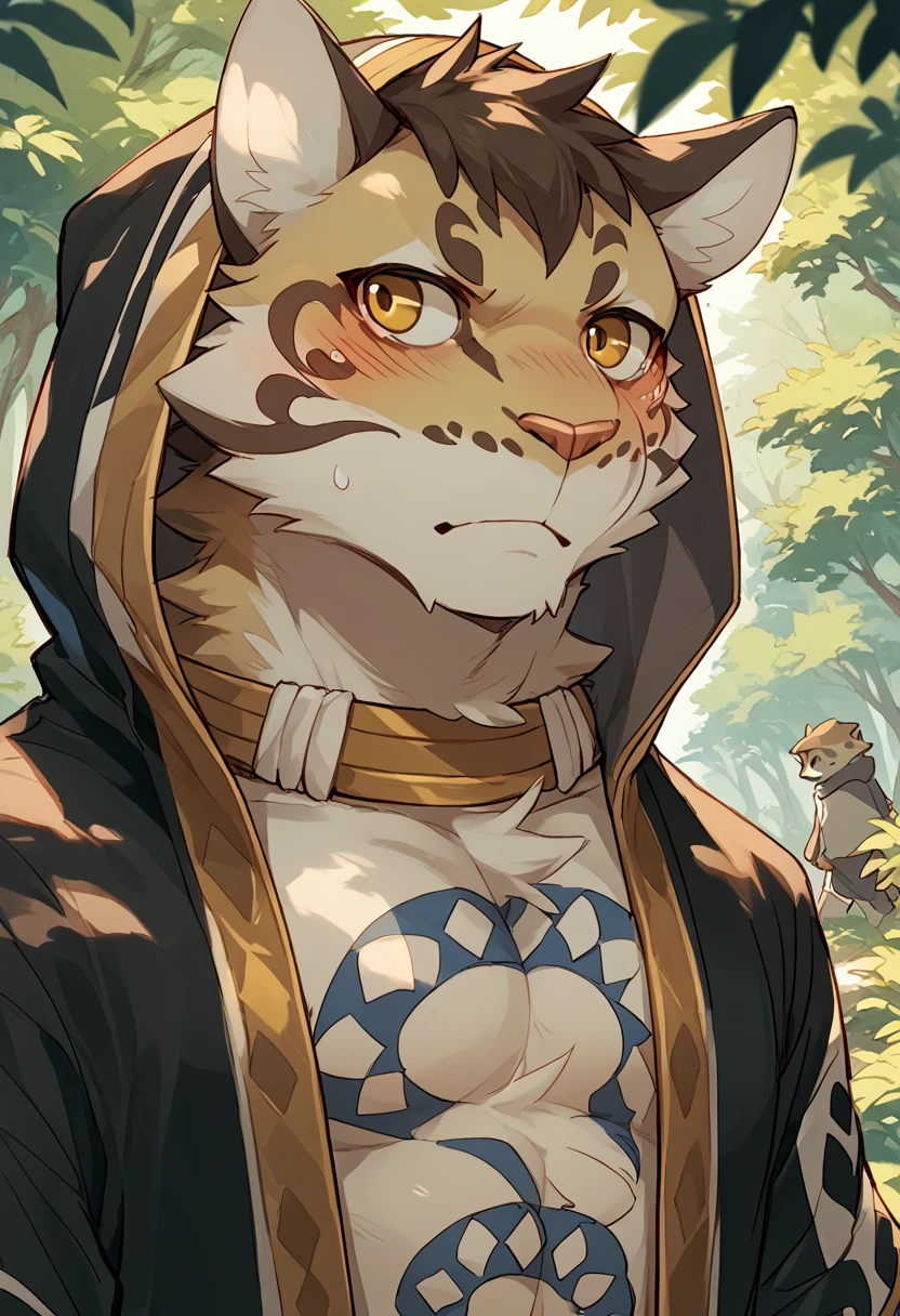 score_9, score_8_up, score_7_up, high quality, hires, solo, likulau, nekojishi, cl0uded le0p4rd, furry, tattoo, happy, looking away, forest, cry, blush, hood on, <lora:Likulau_Nekojishi:1>