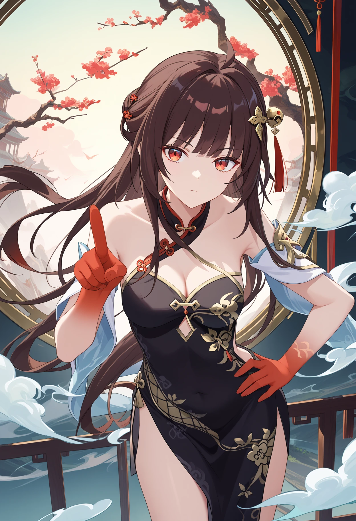 score_9, score_8_up, score_7_up, source_anime, rating_explicit,
BREAK 
1girl, solo, 
<lora:shiLingshaV2:0.8>, 
shlingsha, long hair, bangs, hair ornament, breasts, bare shoulders, cleavage, red eyes, brown hair, china dress, chinese clothes, black dress, red hands,
looking at viewer, hand on own hip, bent over, pointing at viewer, hand on own hip, staring, serious,