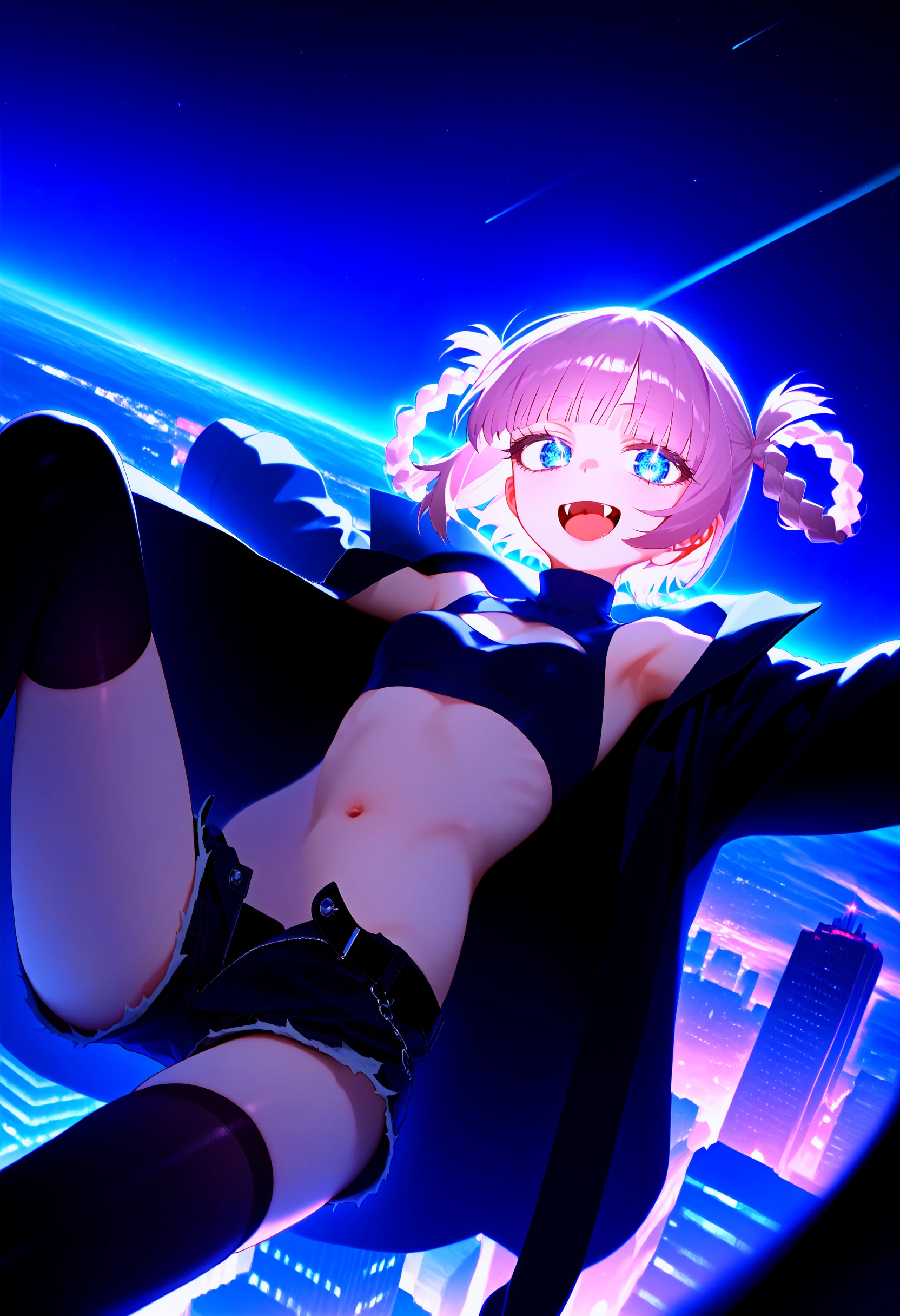 nanakusa nazuna \(yofukashi no uta\), 1girl, solo, blue eyes, ringed eyes, vampire, braided hair rings, blunt bangs, short hair,
black theme, purple theme, dark, light beam, space, starry sky,
looking at viewer, open mouth, upper teeth only, smile,
fang, midriff, small breasts, open fly, navel, crop top, sleeveless turtleneck, black thighhighs, short shorts, midriff, open belt, short hair, tank top, open shorts, stomach, clothing cutout, black coat, long sleeves,
night, building, city, from above, floating, knees up, falling, wind, close-up, dutch angle,
score_9, source_anime, absurdres, masterpiece, best quality, very aesthetic
<lora:pony_nanakusa_nazuna_dora_v3:1>
<lora:pony_color_theory_dora_v1:0.4>