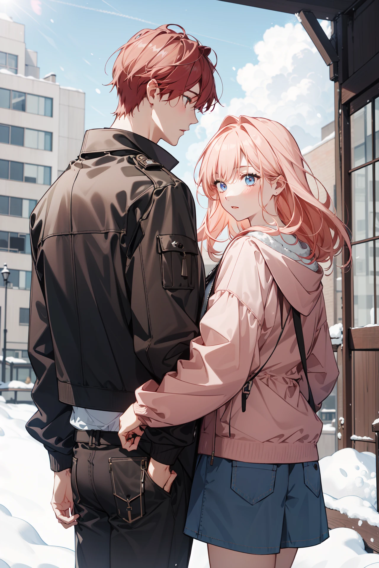 (absurdres, highres, ultra detailed), masterpiece, best quality, (2others:1.4), 1boy with 1girl, cowboy shot, mature, Height difference, different fashion, different color, finely detailed eyes and detailed face, complex background, intricate details, complex background, outdoor, snow, winter, blue sky, sunlight, sunshine, cloudy sky, modern urban style, old leather jacket , Tea_room, depth of field, from back, Salmon pink hair, red hair