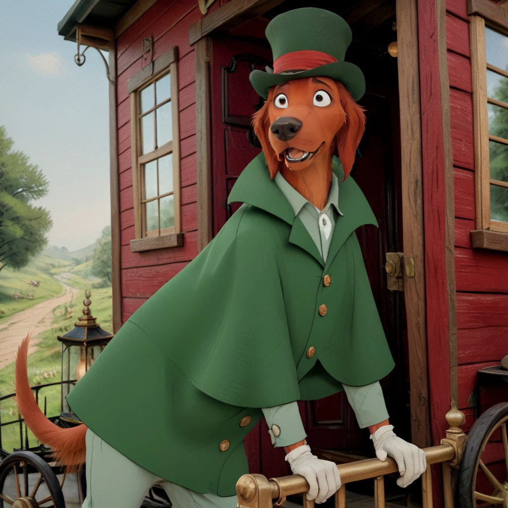 score_9, score_8_up, score_7_up, score_6_up, score_5_up, score_4_up, detailed fur, detailed face, carriage-house background, Photorealistic, realistic, masterpiece, furry male, front facing
BREAK
Shamus, dog, Irish Setter, anthropomorphic dog, cartoon dog, animal ears, long ears, floppy ears, red ears, orange fur, black eyes, brown nose, long snout, green cloak, green suit, white gloves, dark green top hat, open mouth, large eyes, Disney,
BREAK
<lora:add-detail-xl:1.5>