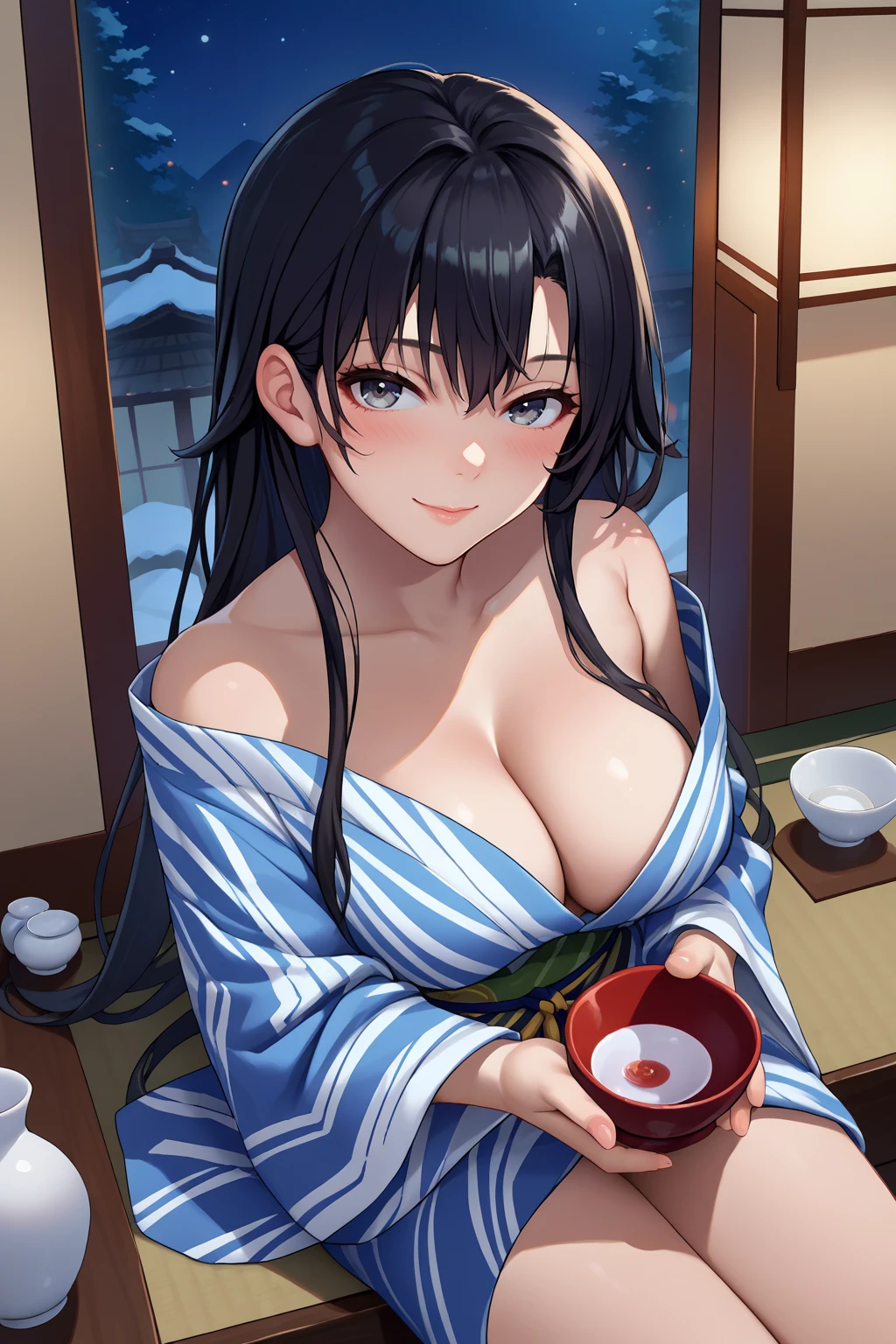 score_9, score_7_up, source_anime, cowboy shot, looking at viewer, seductive smile, blush, shzhrtsk, large breasts, long hair, black hair, grey eyes, yukata, off shoulder, cleavage, sitting, holding cup, sake, indoors, night, <lora:Hoseki_Oregairu_ShizukaHiratsuka_PDXL_v1:1> 