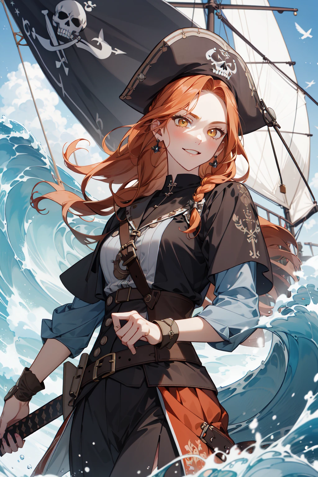 (absurdres, highres, ultra detailed, masterpiece, best quality), cowboy shot, dutch angle, finely detailed eyes and detailed face, intricate details, complex background, cinematic lighting, 1girl, solo, fishtail braid, orange hair, yellow eyes, pirate, pirate captain, captain's hat, Viking, wave, warship, ship, sailboat, mast, dynamic wave, gust, strong wind, sailing, fighting, medieval, angry, skull flag, holding sword, dynamic angle, smile