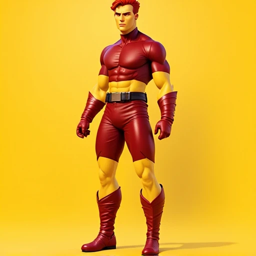 captainpollution, man, 1man, standing, blender, yellow skin, red hair, red eyes, yellow face, dirty skin, super hero suit, red crop top, red cropped top, red cropped t-shirt, yellow stomach, navel, black belt with a golden buckle, red short pants, red boots with black sole, red gloves, smooth, detailed, comic book style, plain solid background, masterpiece, 4k, mud spots on face, mud spots on yellow skin