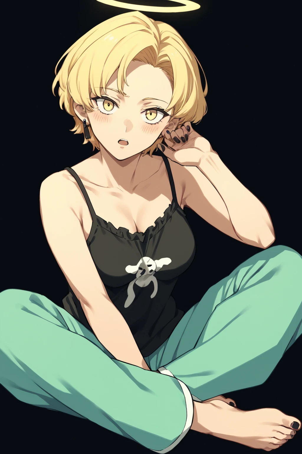 score_9, score_8_up, score_7_up, source anime,
sitting, crossed ankles, looking at viewer, blush, head tilt, open mouth, hand up,
1girl, <lora:Blue Archive - Sukeban MG (Pony):0.8>, sukebanmg, halo, blonde hair, short hair, yellow eyes, medium breasts,
pajama, camisole, baggy pants, barefoot, black nails, scrunchie, earrings,
black background