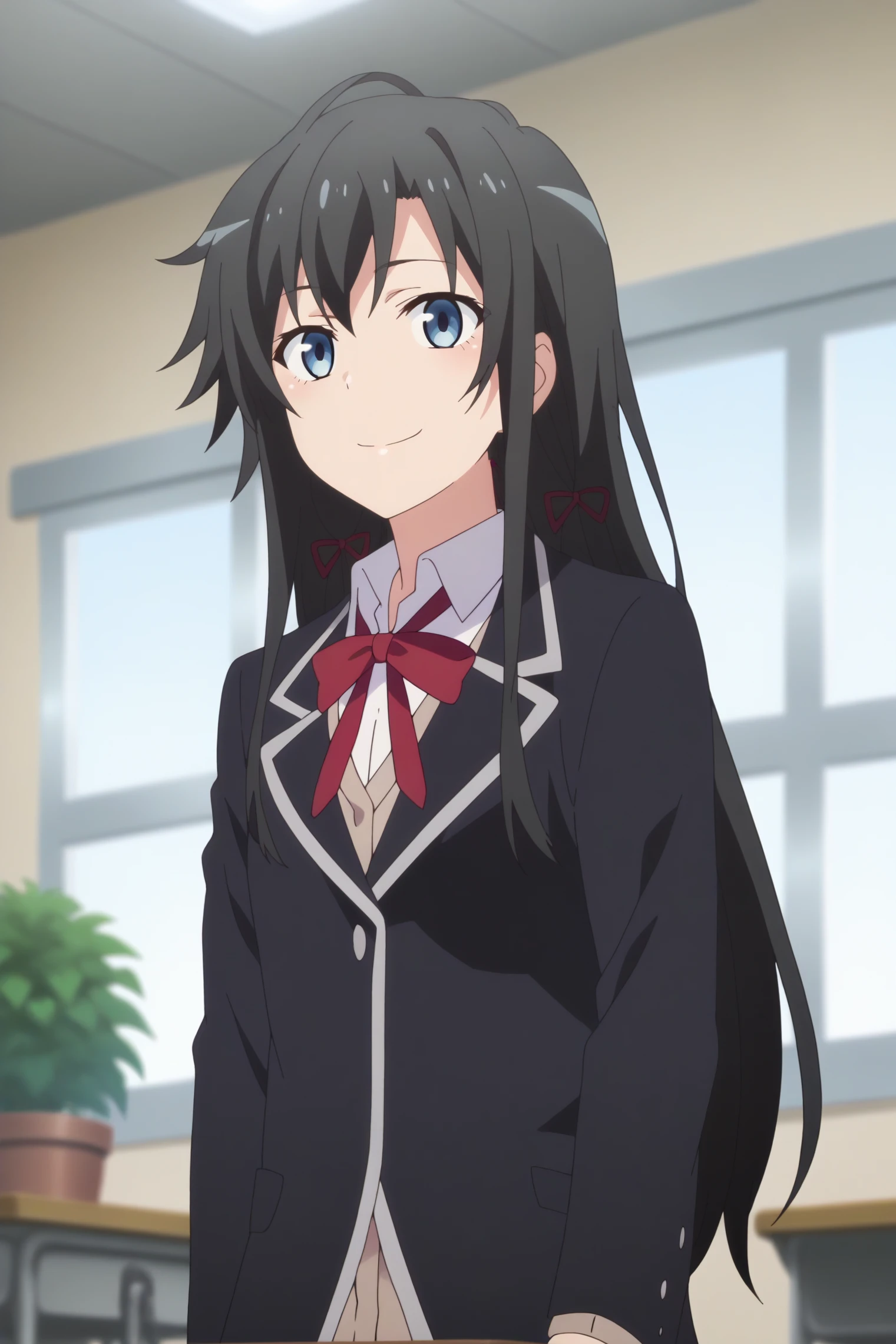 yukinoshita yukino,1girl,long hair,solo,school uniform,sobu high school uniform,ribbon,hair ribbon,jacket,black jacket,blue eyes,blazer,indoors,classroom,plant,smile,standing <lora:Yukinoshita_Yukino_-_Yahari_Ore_no_Seishun_Love_Come_wa_Machigatteiru.safetensors:0.8>