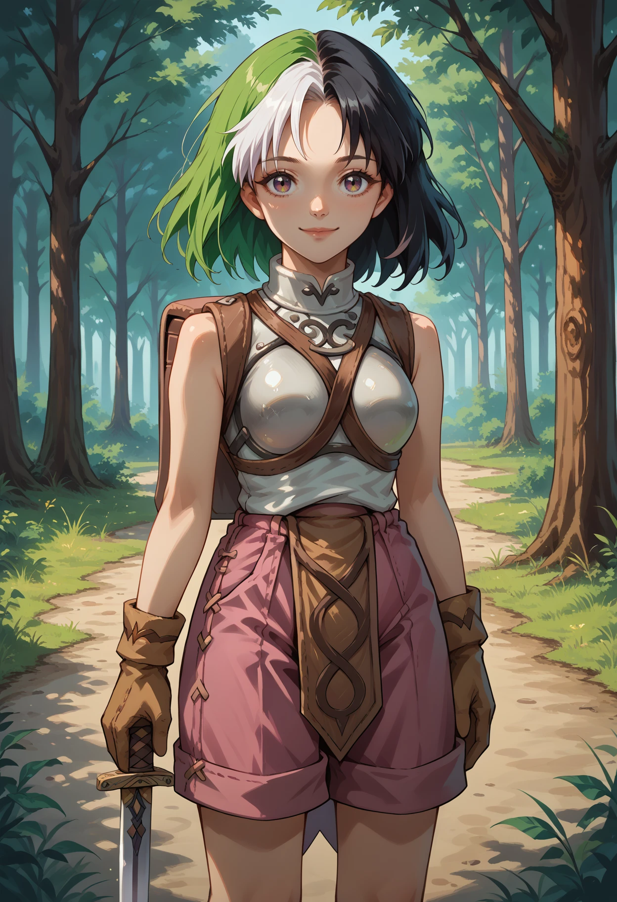 score_9, score_8_up, source_anime, 1girl, solo, NSMelionPalHair, green hair, black hair, white hair, multicolored hair, medium hair, multicolored eyes, medium breasts, <lora:NSMelionPalHair:1>, NoviceClothes, breastplate, brown belt, backpack, pink shorts, pelvic curtain, brown gloves, brown boots, outdoors, forest, holding sword, smile, <lora:ChamRagnarokOnlineNovicePonyXL:1>