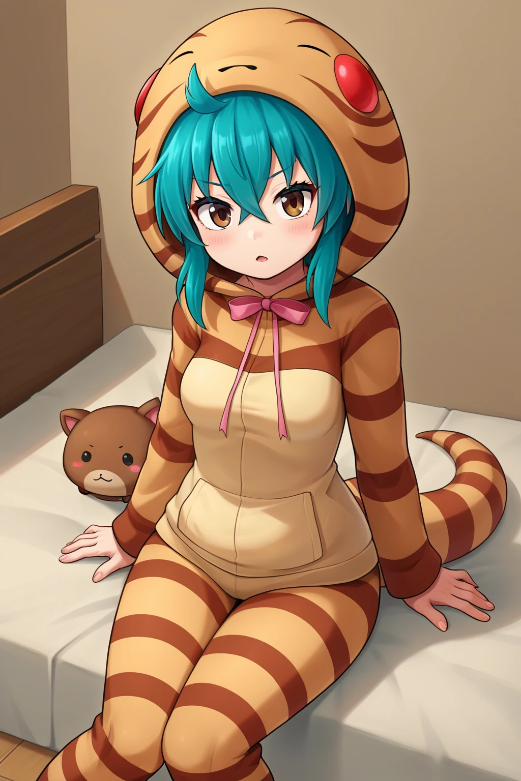 score_9, source_anime, 1girl, tsuchinoko, onesie pajamas, fluffy bedding, sitting, comfy