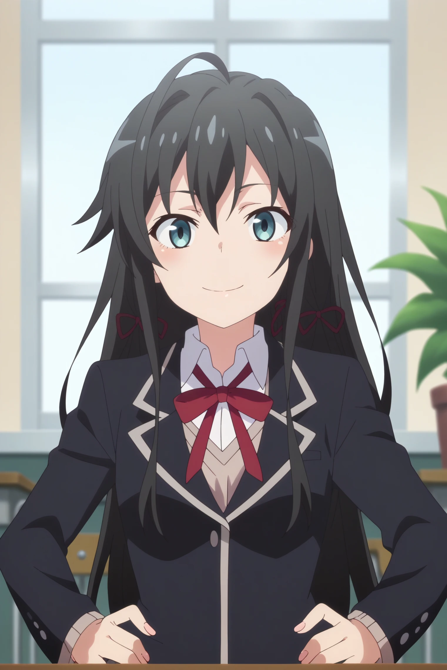 yukinoshita yukino,1girl,long hair,solo,school uniform,sobu high school uniform,ribbon,hair ribbon,jacket,hair between eyes,black jacket,looking at viewer,blazer,indoors,ahoge,windows,blue sky,dutch angle ,classroom,plant,smile,upper body,hands on hips,blush <lora:Yukinoshita_Yukino_-_Yahari_Ore_no_Seishun_Love_Come_wa_Machigatteiru.safetensors:0.8>