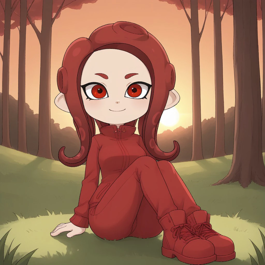 score_9, score_8, BREAK, solo, splatoon, octoling, female octoling, 1girl, tentacle hair, red hair, red eyes, cute, red eyebrows, red clothing, red pants, red shoes, breasts, Hilary_(\OC_Octoling\), sexy pose, smile, outdoors, sunlight, shadows, evening lighting, natural lighting, forest, trees, grass, orange sky, sunset, sitting