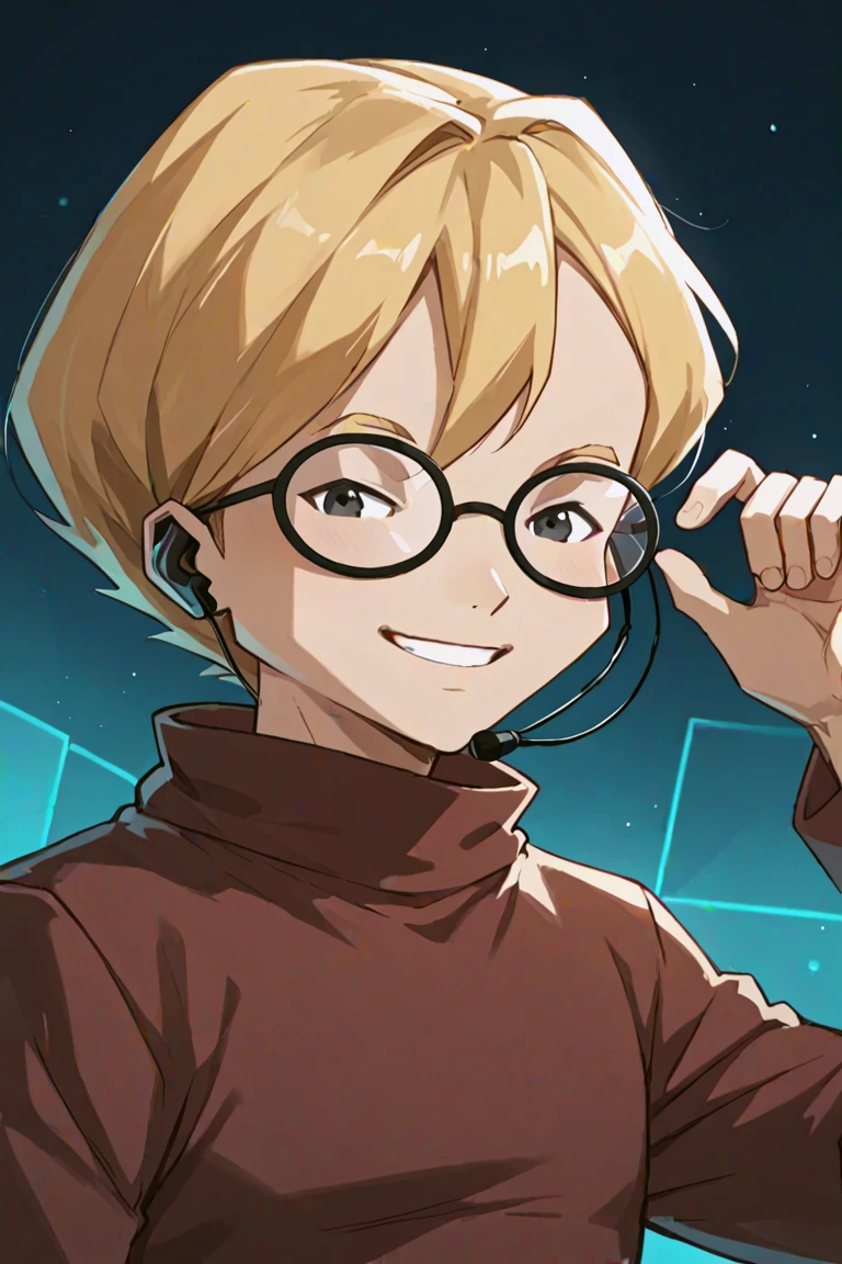 score_9, score_8_up, score_7_up, source_anime, rating_safe, black_Jeremy_headset microphone, JeremyCL, 1boy, male focus, blonde_Jeremy_hair, black_Jeremy_glasses, black eyes, brown_Jeremy_turtleneck, smile, head titlt, hands with five fingers, cute wallpaper