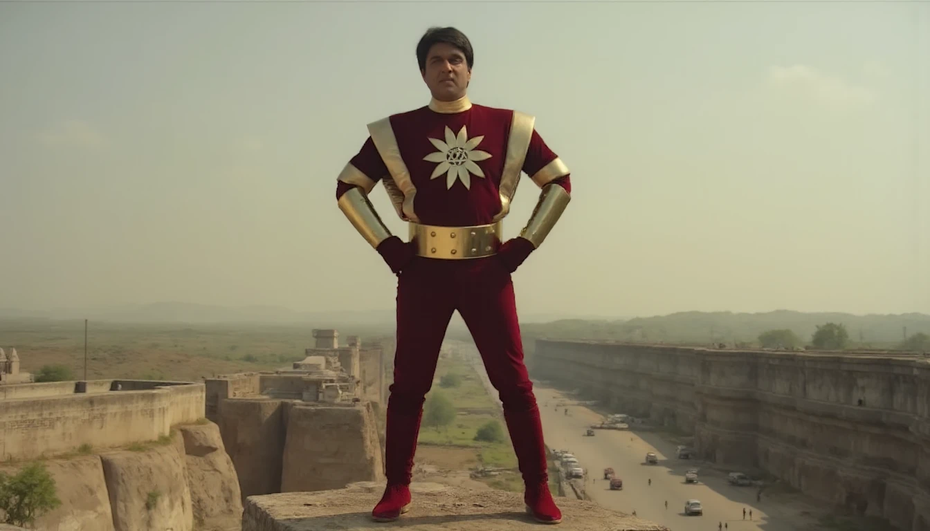 Shakitmaan standing on a rock in the space with his iconic pose with hands on his hips. Realistic cinematic shot. He stands in the middle of the frame facing the camera with confidence on his face.