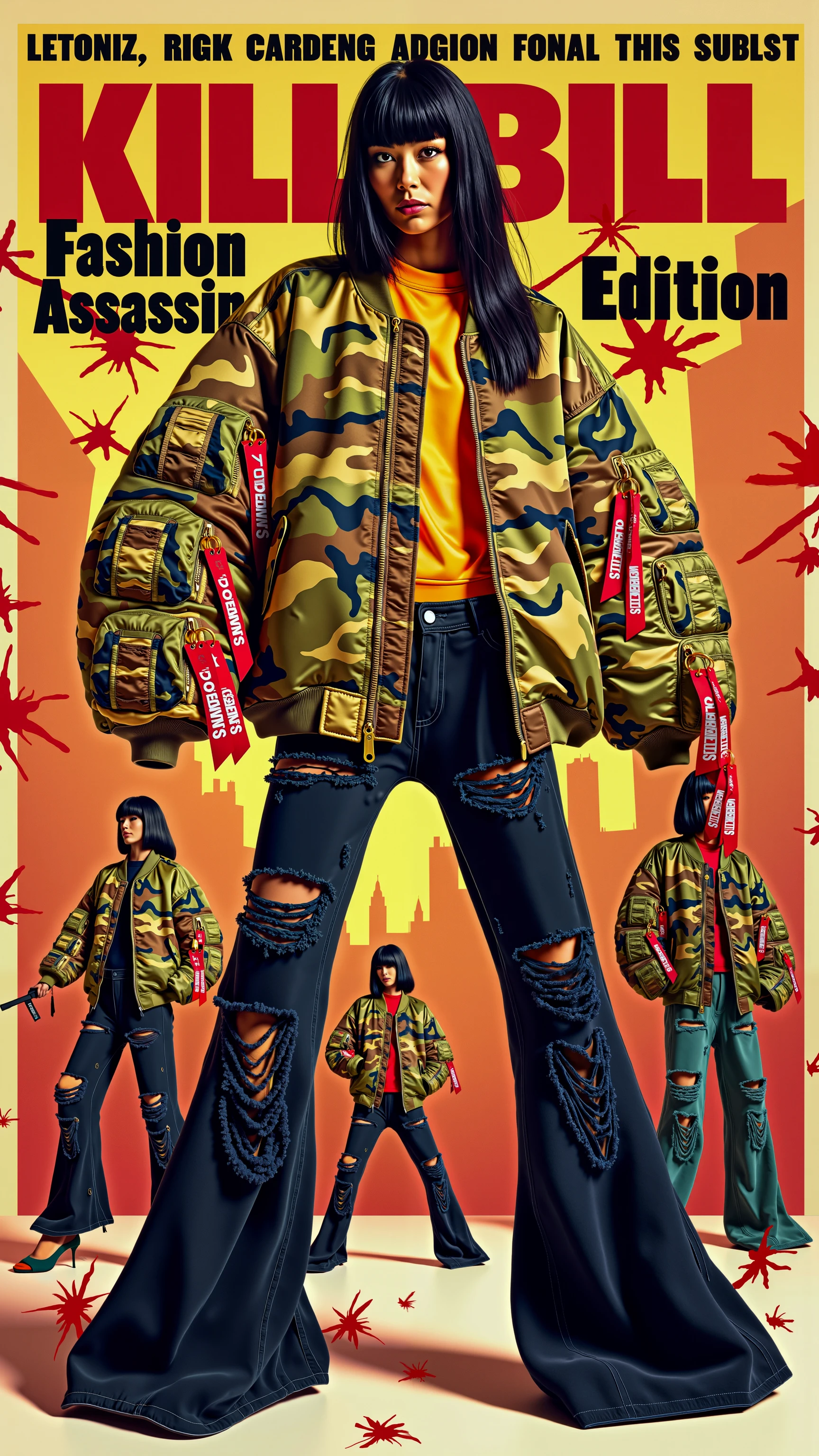 "Kill Bill: Fashion Assassin Edition"

Description:

A humorous and stylish reinterpretation of the iconic Kill Bill poster, starring an Asian supermodel in the role of The Bride. Instead of the classic yellow jumpsuit, the model is dressed in a bold, modern streetwear ensemble. She is wearing an oversized camouflage bomber jacket with multiple patches and pockets, adorned with bright red fabric tags that read 'VETEMENTS.' Paired with this are black, distressed flared jeans with significant tears, and high heels, bringing a fierce and fashionable twist to the character.

Visual Design:

The poster showcases the model in a powerful combat stance, gripping a katana, surrounded by bright, pop-art inspired splashes of color and blood splatters, paying homage to the original Kill Bill aesthetic.
The background features iconic film scenes like the "House of Blue Leaves," but with a fashionable spin—her opponents are stylish models in high-fashion outfits instead of Yakuza.
Above the image, the title is bold and dynamic, reading:
"Kill Bill: Fashion Assassin Edition – Revenge Has Never Looked This Good!"
Tagline: "Stylish. Dangerous. And out for revenge—on the highest fashion level."

This fun mashup blends action with high fashion, where the model effortlessly embodies the deadly elegance of an action hero, but with a modern, fashion-forward flair that completely reimagines the classic poster.