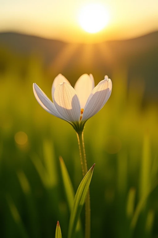 A delicate, petal-soft flower blooms in a warm, golden light amidst a lush green meadow. The sun's rays dance across its intricate patterns, casting a gentle glow on the surrounding blades of grass. The flower's stem rises slightly from the center, as if reaching for the sky, against a softly blurred background of rolling hills.