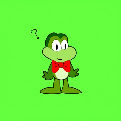 Flip the frog, transparent background, full body, ?, simple background, red bow, hat, green headwear, arm behind back, green background, english text
