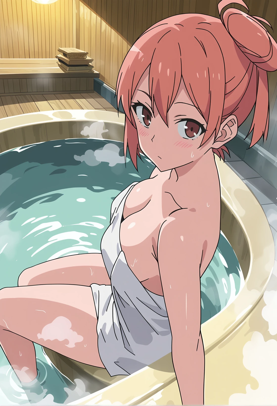 score_9, score_8_up, score_7_up, source_anime, anime screencap,
BREAK
<lora:shiHelloV1:1>, 1girl, solo,
shiyui, short hair, brown eyes, pink hair, ribbon, hair bun,  completely nude, bathtub, naked towel, partially submerged, onsen, tied hair, looking at viewer, blush, steaming body, steam censor,