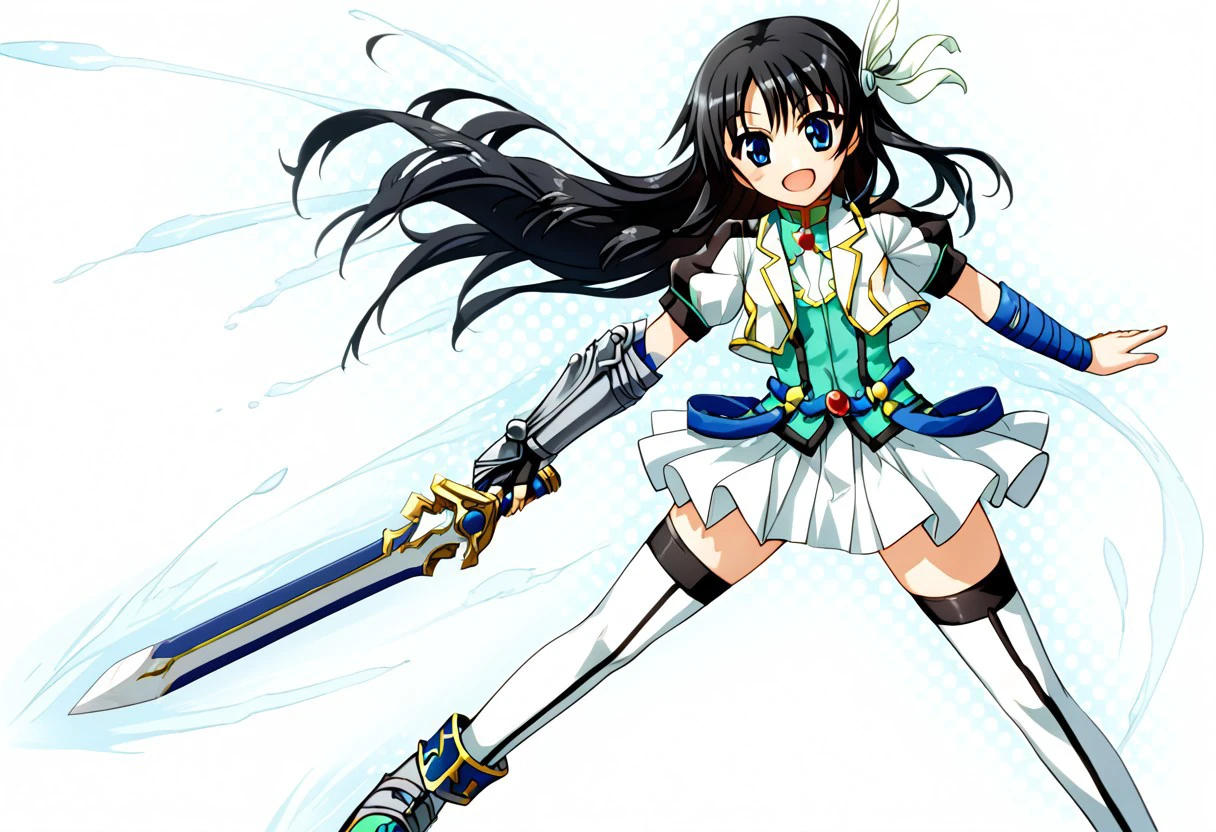 score_9, score_8_up, score_7_up, source_anime, good anatomy, 1girl, solo, NanamiTakatsuki, long hair, side locks, black hair, blue eyes, black and white cropped jacket with yellow trim, cyan shirt, blue belts, white pleated skirt, miniskirt, layered skirt, white thighhighs, blue anklet, metal shoes, red gem, armband, one metal gauntlet, standing, smiling, open mouth, contrapposto