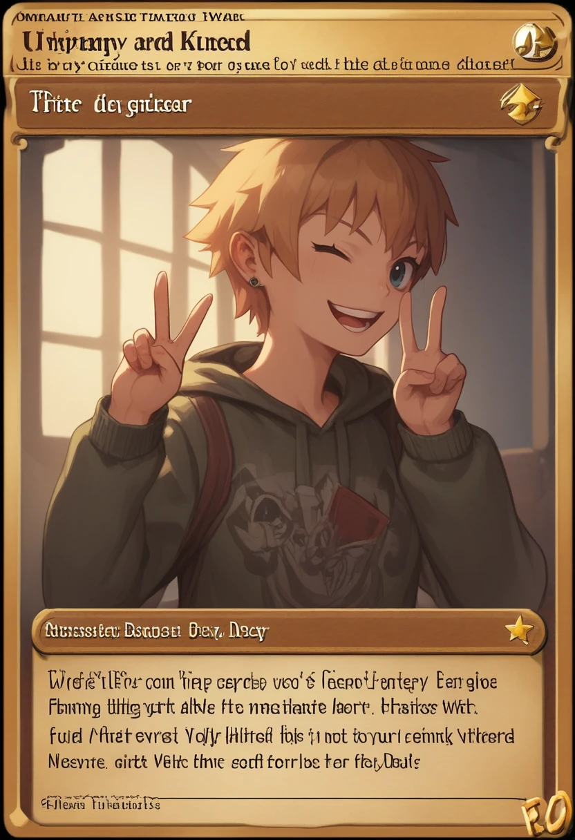 score_9, score_8_up, score_7_up, score_6_up, score_5_up, score_4_up, zPDXL2,source_anime,rating_questionable, 1girl, solo,  peace sign, wink, <lora:Trading_Card:0.8> tr4dingcard, english text, card (medium),