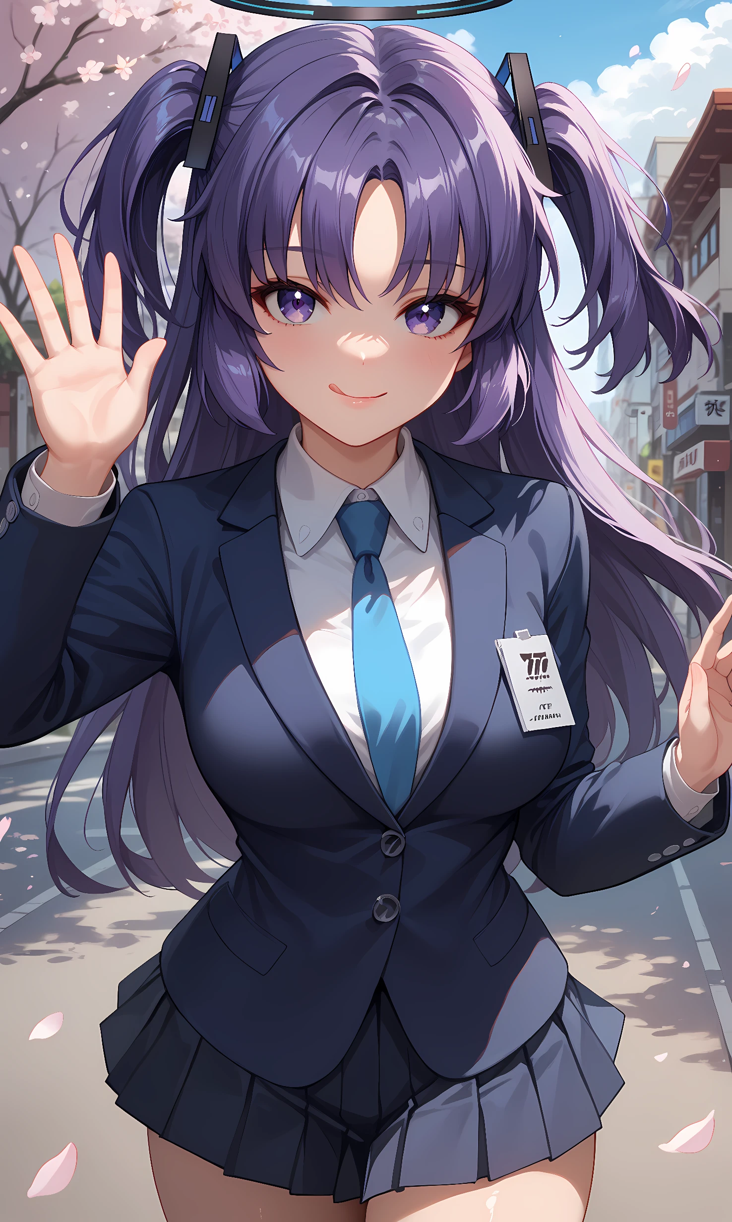 score_9, score_8_up, score_7_up, BREAK source_anime, 1girl, solo, outdoors, street, cherry blossoms, cowboy shot, standing, looking at viewer, shiny skin, yuuka, purple eyes, purple hair, long hair, two side up, parted bangs, hair ornament, halo, collared shirt, black blazer, long sleeves, blue necktie, black skirt, pleated skirt, miniskirt, black footwear, close-up, waving, licking lips 