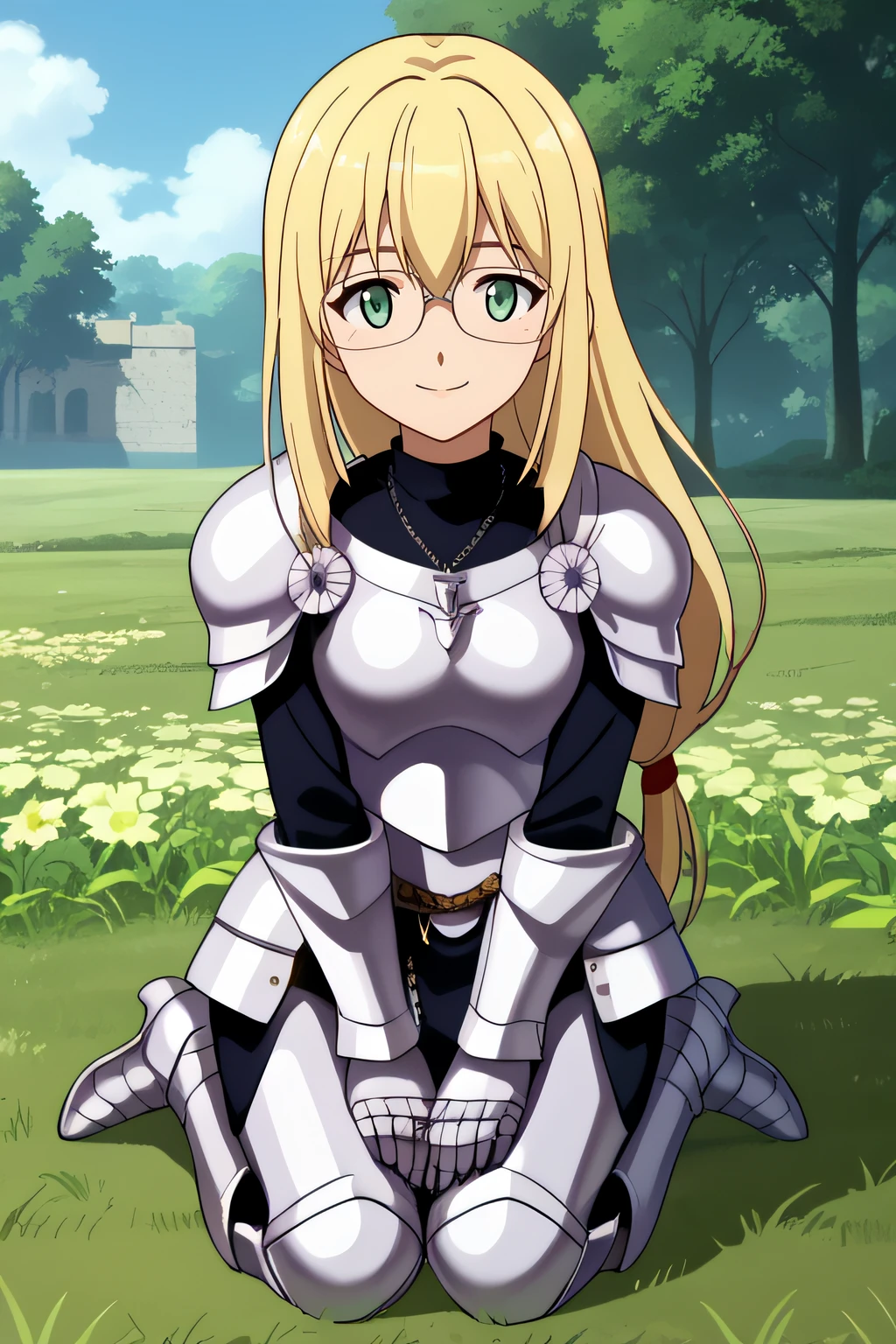 score_9, score_8_up, score_7_up, source_anime, rating_safe, intricate details, anime screencap, official style, 1girl, <lora:Inazuma_Jeanne:0.9>, jeanne, blonde hair, green eyes, glasses, necklace, armor, gauntlets, breastplate, knight, sheath, chainmail, armored boots, greaves, looking at viewer, outdoor, frontal view, kneeling, hands on knees, smile, sitting on grass