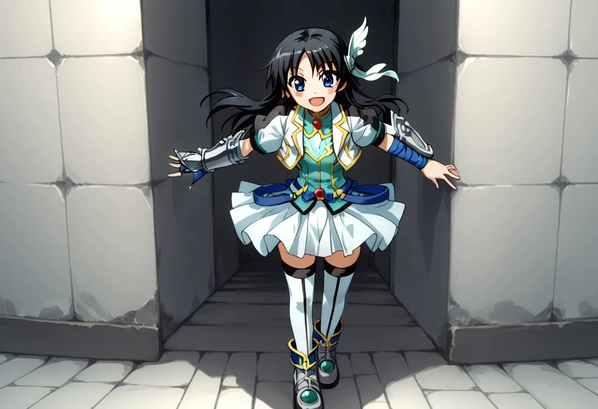 score_9, score_8_up, score_7_up, source_anime, good anatomy, 1girl, solo, NanamiTakatsuki, long hair, side locks, black hair, blue eyes, black and white cropped jacket with yellow trim, cyan shirt, blue belts, white pleated skirt, miniskirt, layered skirt, white thighhighs, blue anklet, metal shoes, red gem, armband, one metal gauntlet, standing, smiling, open mouth, contrapposto